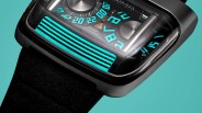Close-up of a black rectangular watch with glowing turquoise numerals and lines on the dial, and a black strap.