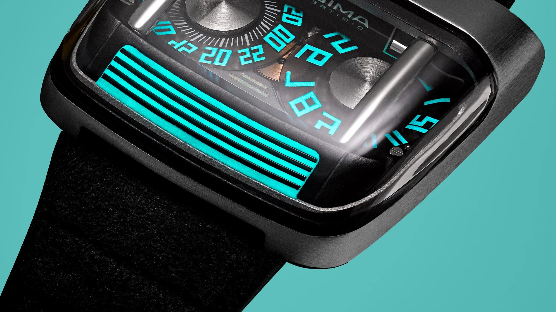 Close-up of a black rectangular watch with glowing turquoise numerals and lines on the dial, and a black strap.