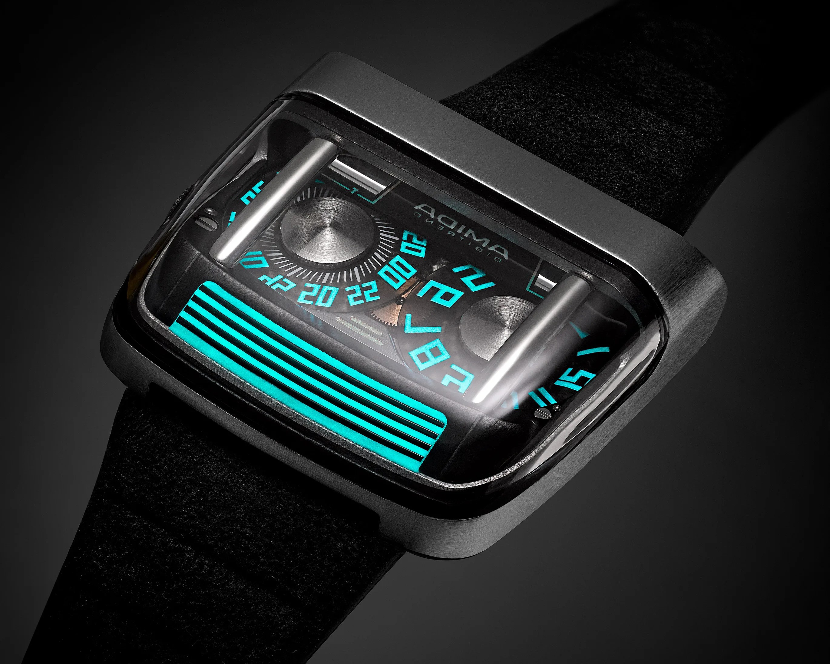 Rectangular digital wristwatch with a brushed metal case, black strap, and glowing blue numerals and lines on the display.