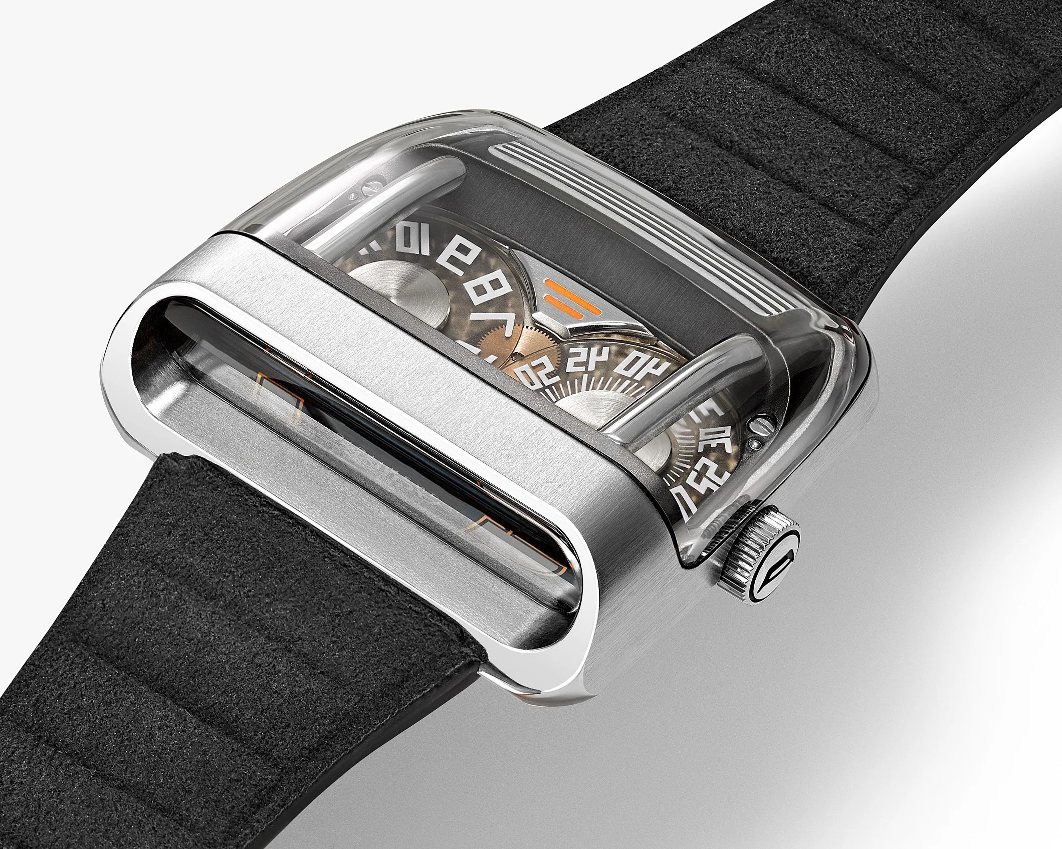Silver metal wristwatch with a curved transparent case showing rotating numbered discs and a black textured strap.