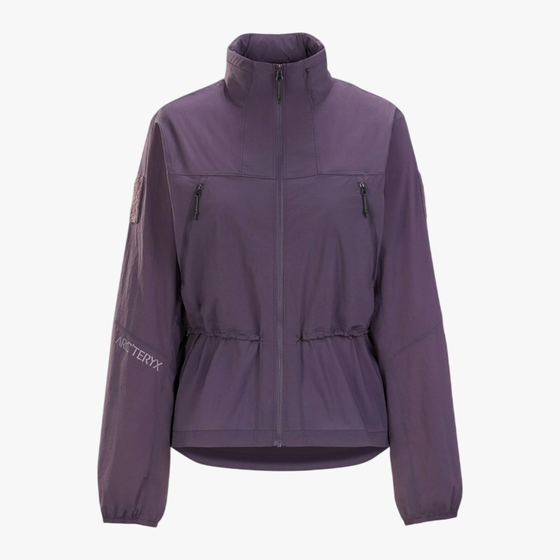 Purple Arc'teryx jacket with high collar, front zipper, zippered chest pockets, and elastic cuffs.