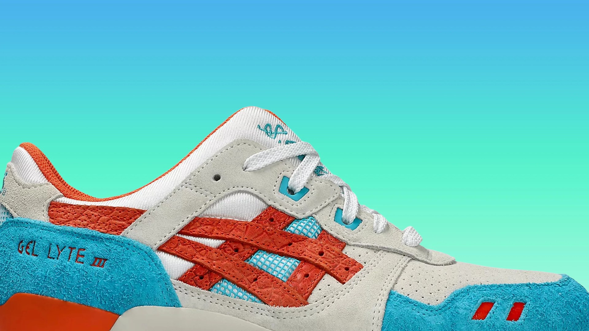 Close-up of a beige, orange, and blue Asics Gel Lyte III sneaker with white laces against a blue-green gradient background.