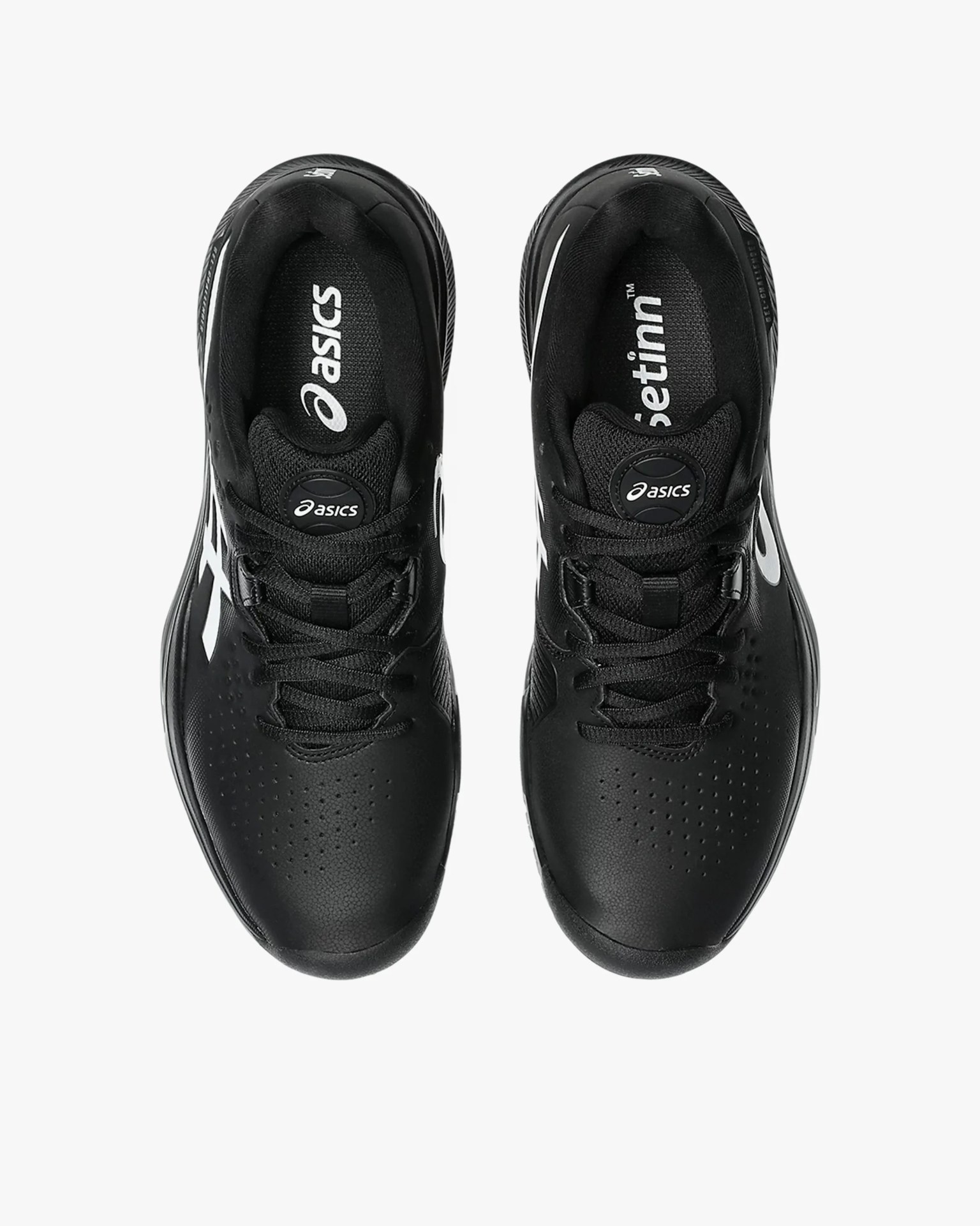 Pair of black Asics running shoes with white logo and black laces viewed from above.
