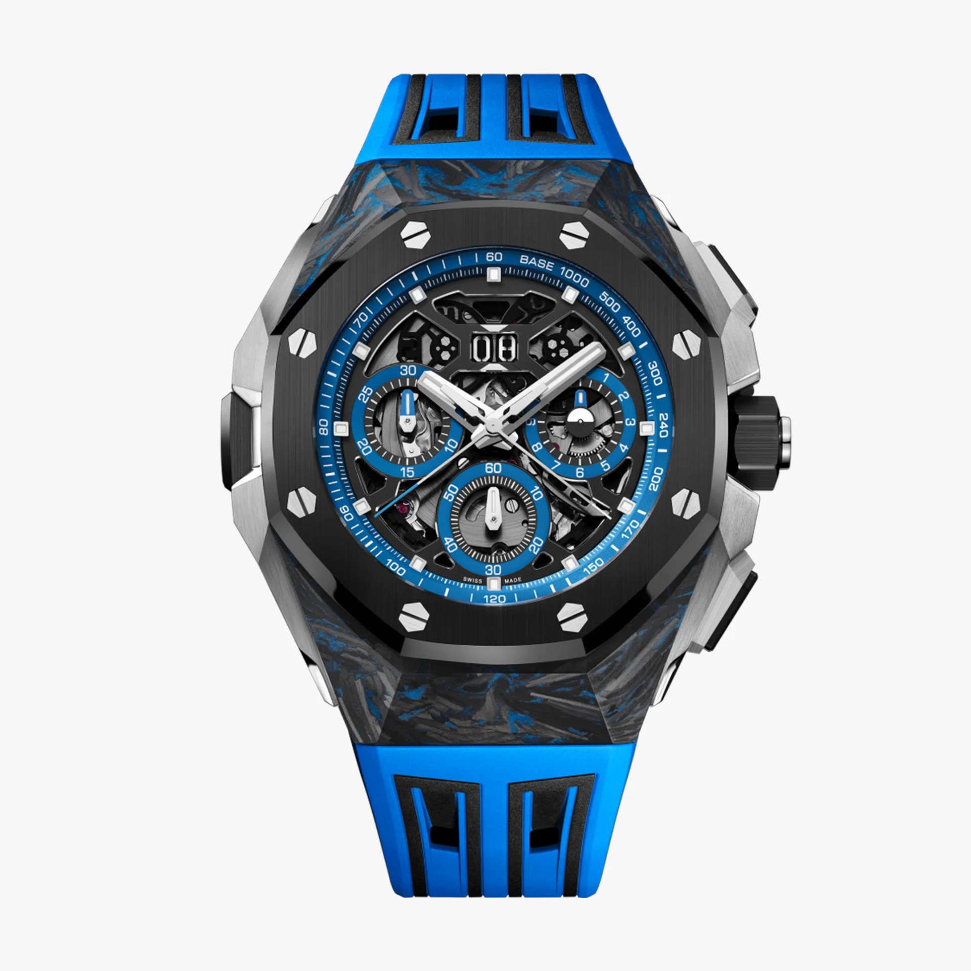Blue and black rubber strap watch with a black and blue skeleton dial and silver hexagonal screws on the bezel.