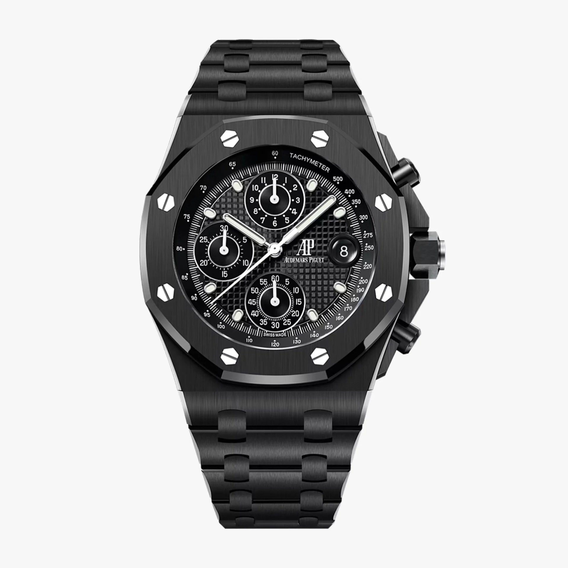 Black Audemars Piguet Royal Oak Offshore chronograph watch with octagonal bezel and ceramic bracelet.