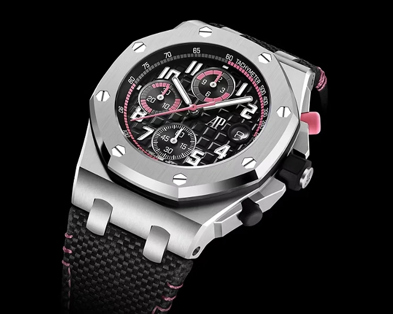 Silver Audemars Piguet Royal Oak Offshore watch with black textured dial, pink accents, and black fabric strap.