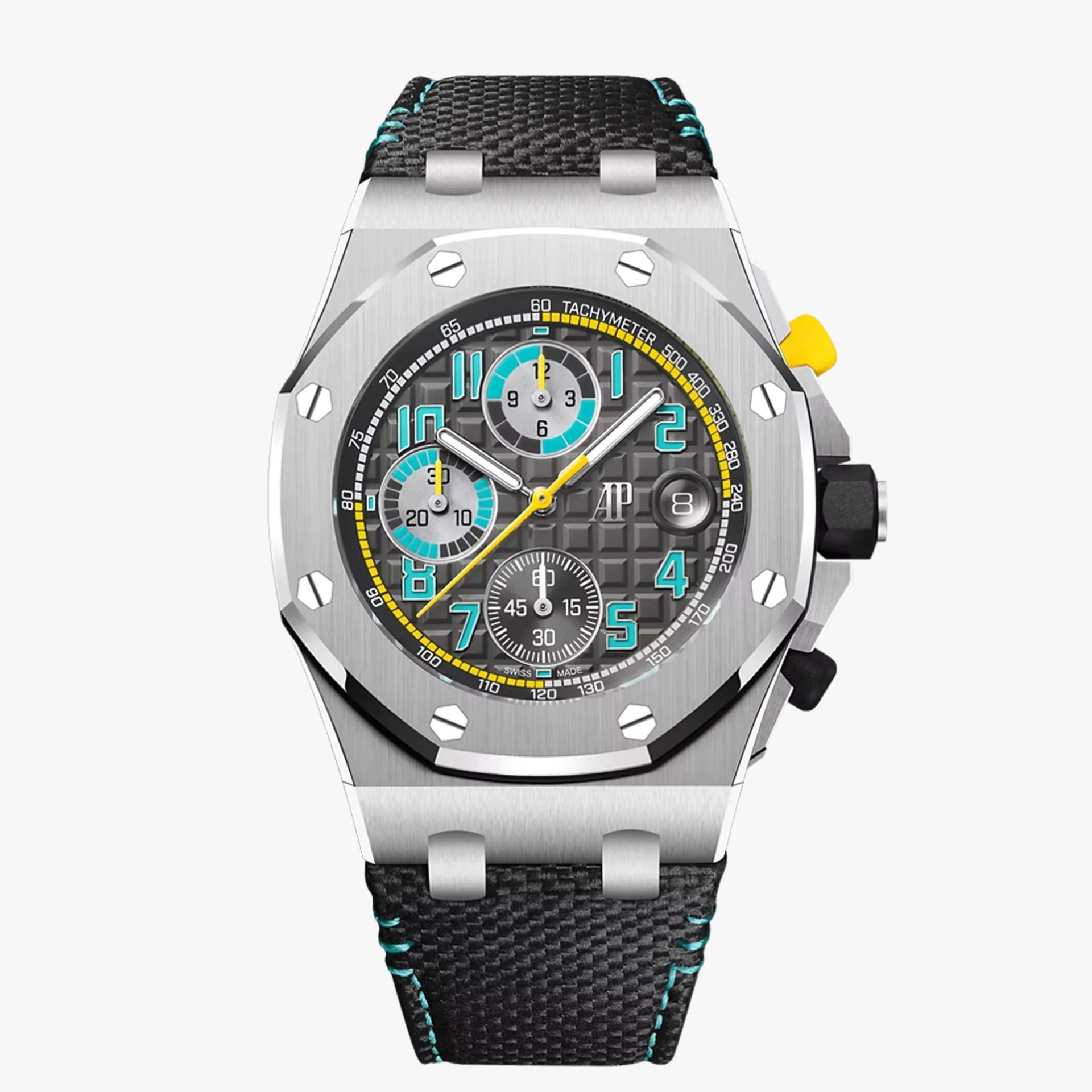 Silver chronograph watch with black textured dial, turquoise numerals, yellow accents, and black strap with turquoise stitching.