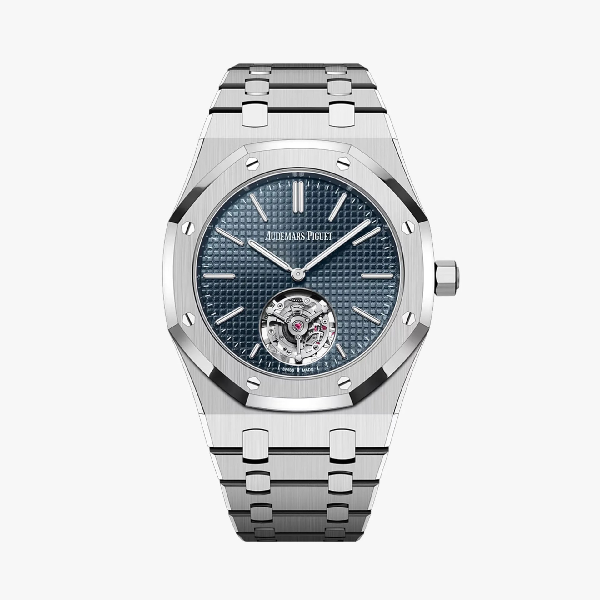 Silver stainless steel Audemars Piguet watch with blue textured dial and visible tourbillon.