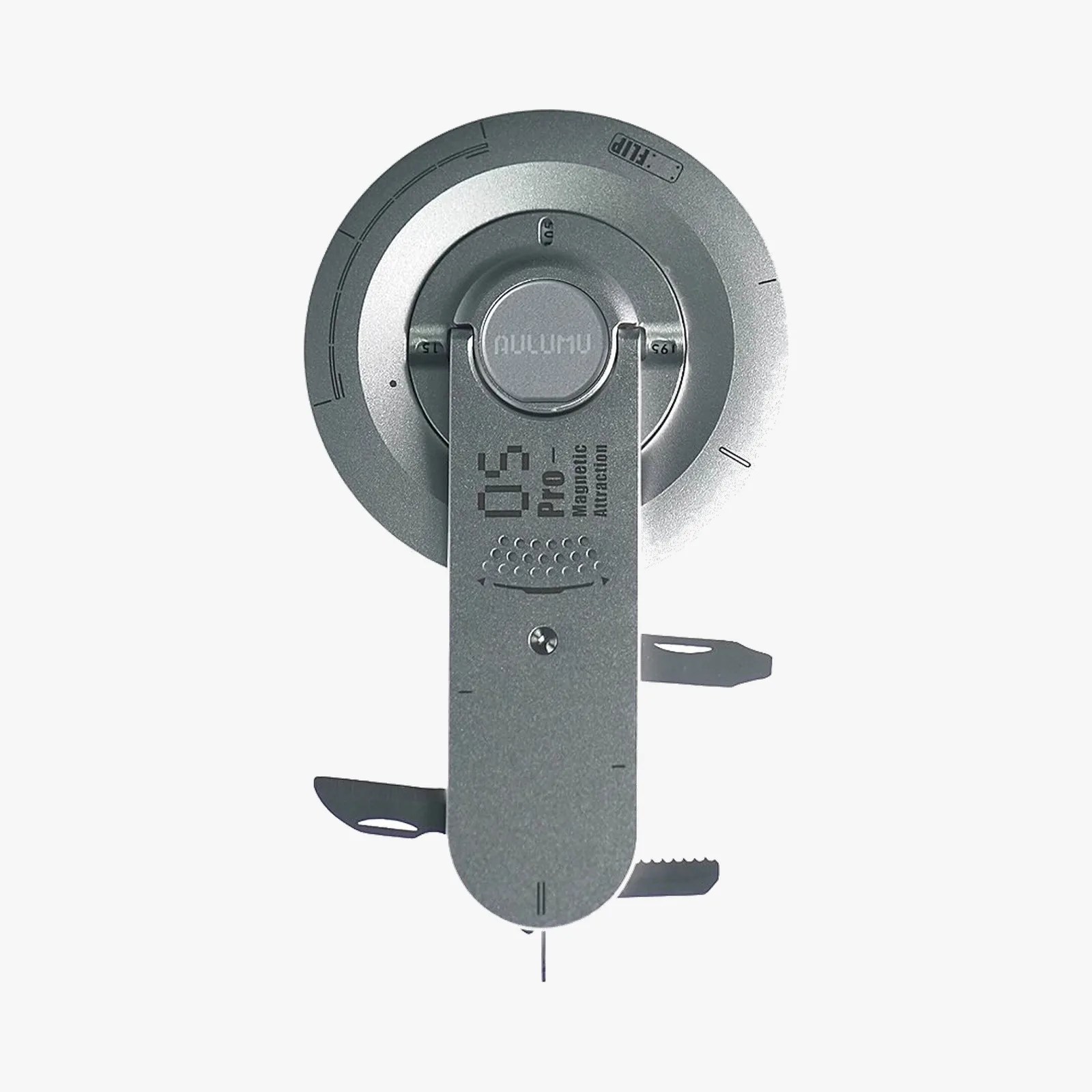 Silver aluminum pro magnetic attraction tool with circular dial and two black metal prongs.