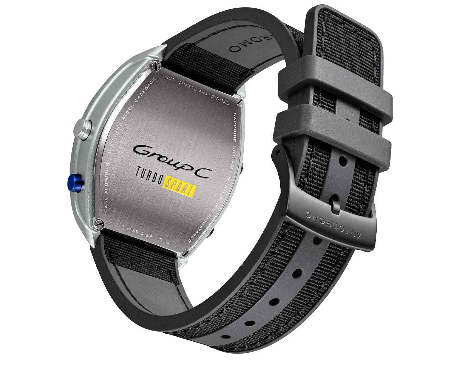 Back of a Group C Turbo Sport watch with a brushed stainless steel case and black fabric strap.