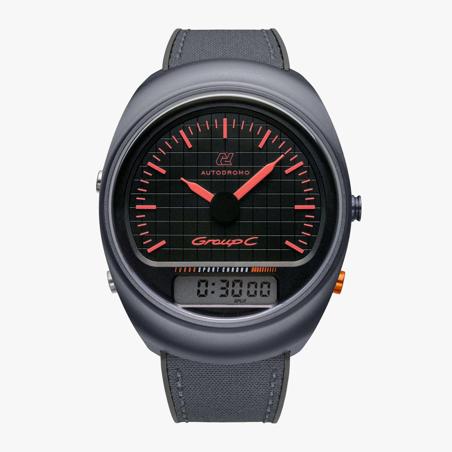 Black Autodromo Group C watch with red hands and markers, digital display, and gray fabric strap.