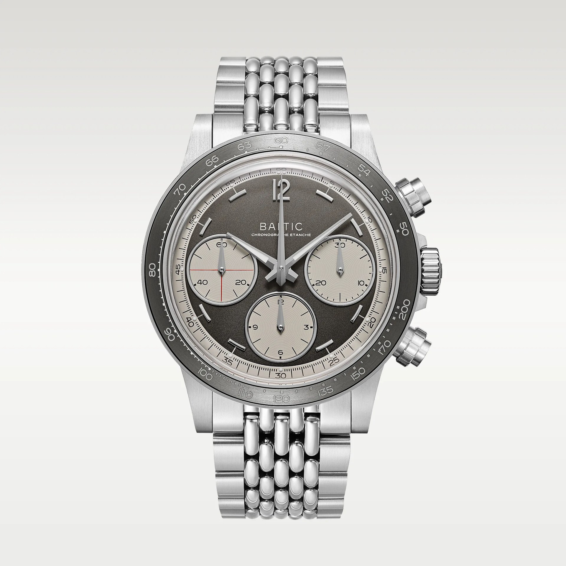 A gray chronograph watch on a white background.