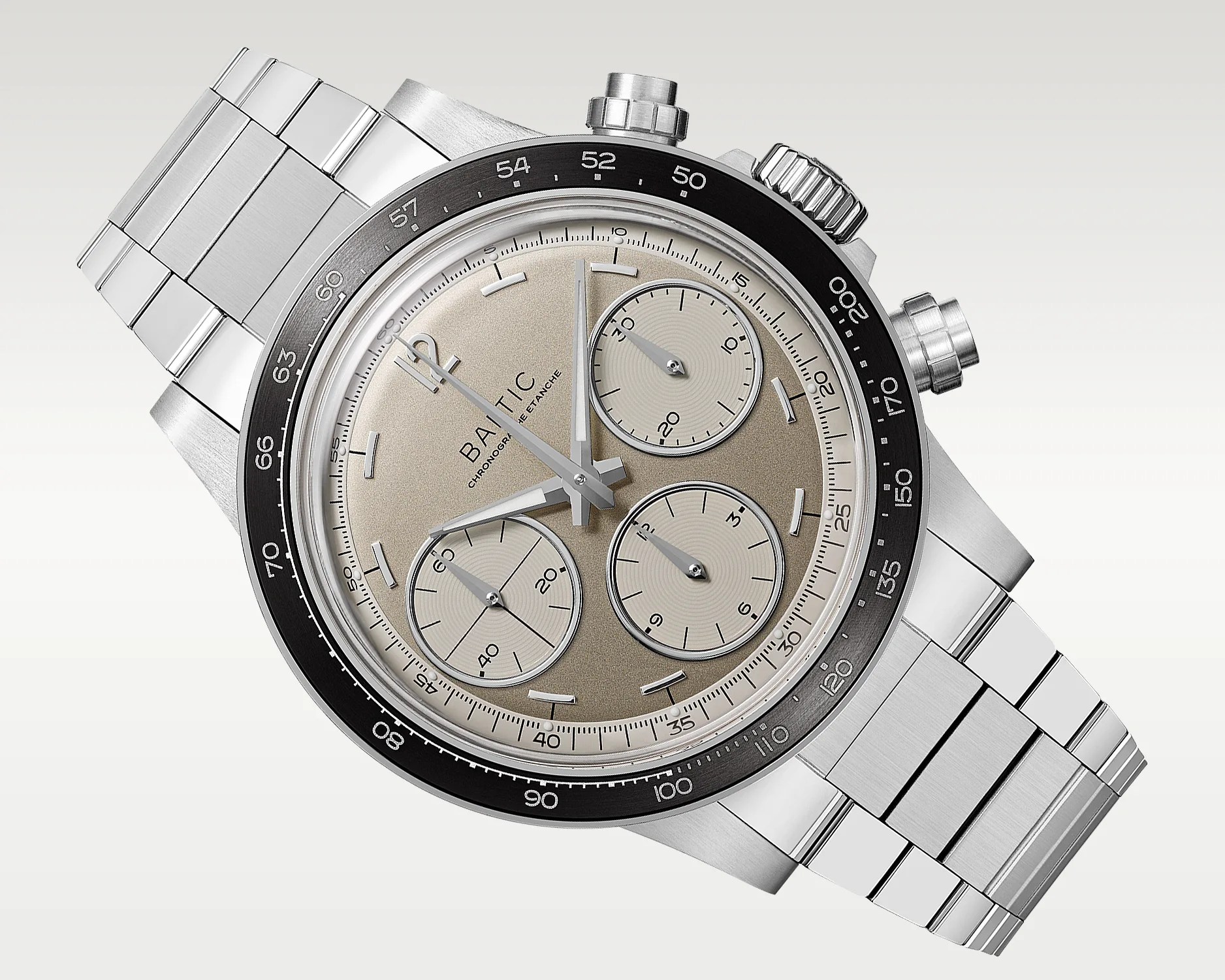 Silver Baltic chronograph wristwatch with beige dial, black bezel, and stainless steel bracelet.