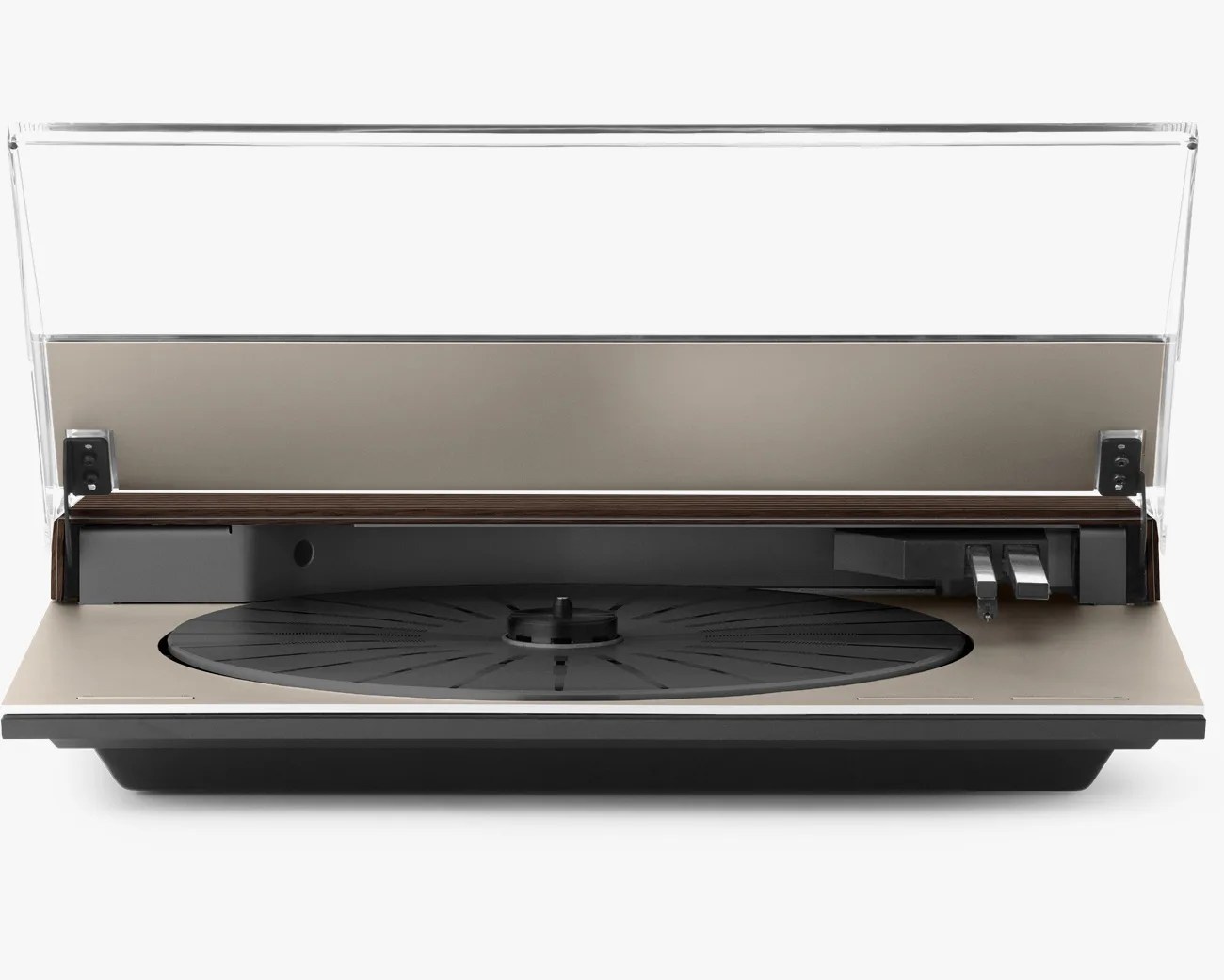 Beige and black turntable with a clear plastic dust cover open, showing the platter and tonearm.