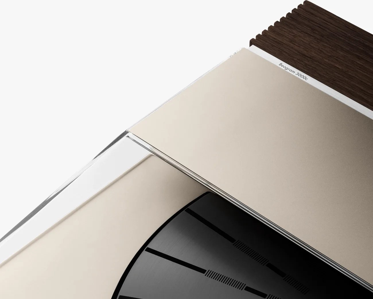 Close-up of a beige and dark wood Beogram 3000c turntable with a black platter and silver trim.