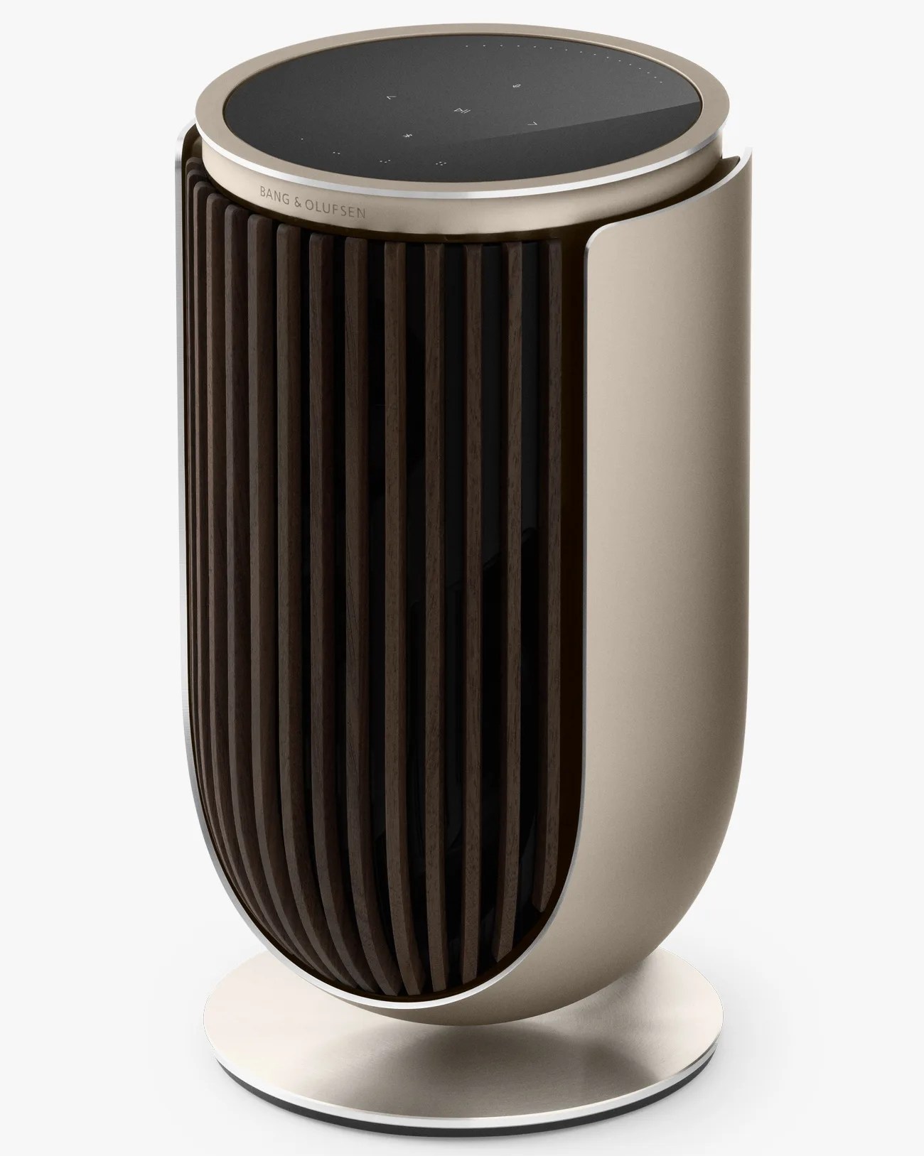 Beige and dark wood Bang & Olufsen speaker with a round base and a black top panel.