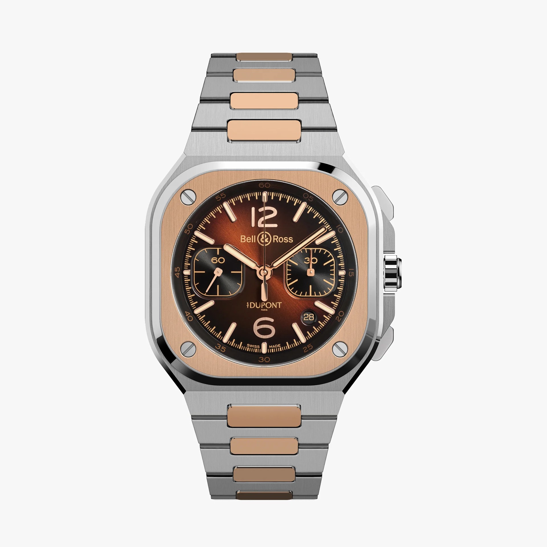 Square luxury wristwatch with a brown sunburst dial, rose gold accents, and a two-tone metal bracelet.