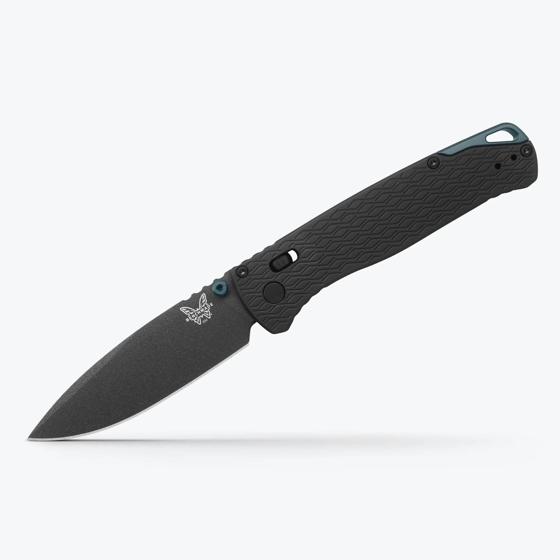 Black textured handle folding knife with a partially visible black blade and Benchmade logo.