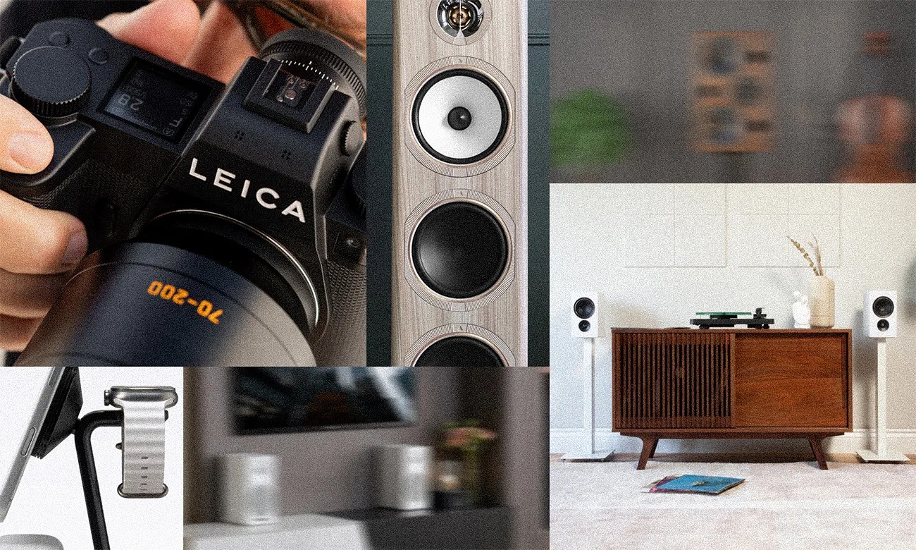 Collage showing a Leica camera with 70-200 lens, a tall wooden speaker with three drivers, a white smartwatch on a black stand, two white speakers on stands flanking a wooden cabinet with a turntable on top.