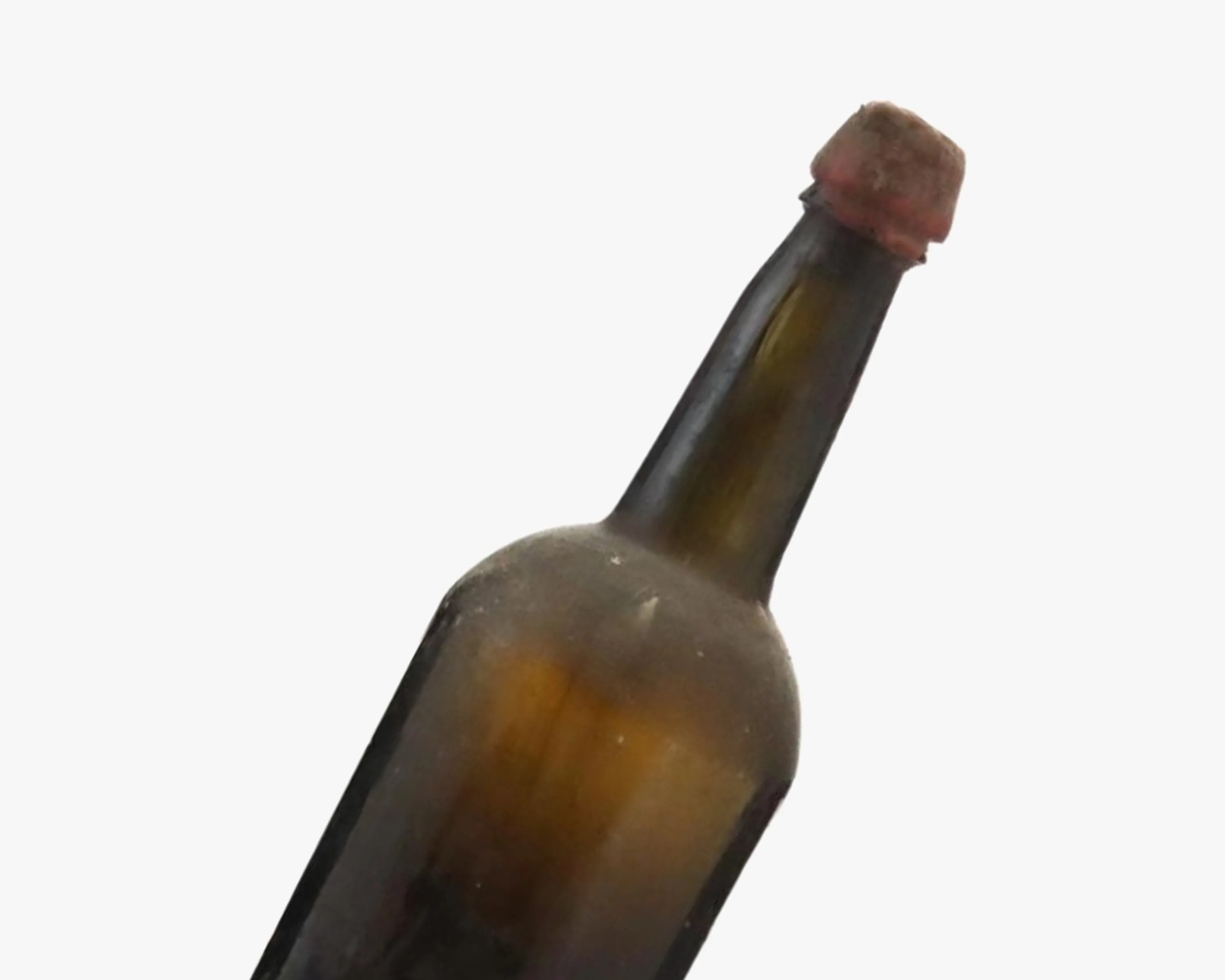 Brown glass bottle with a cork stopper against a white background.