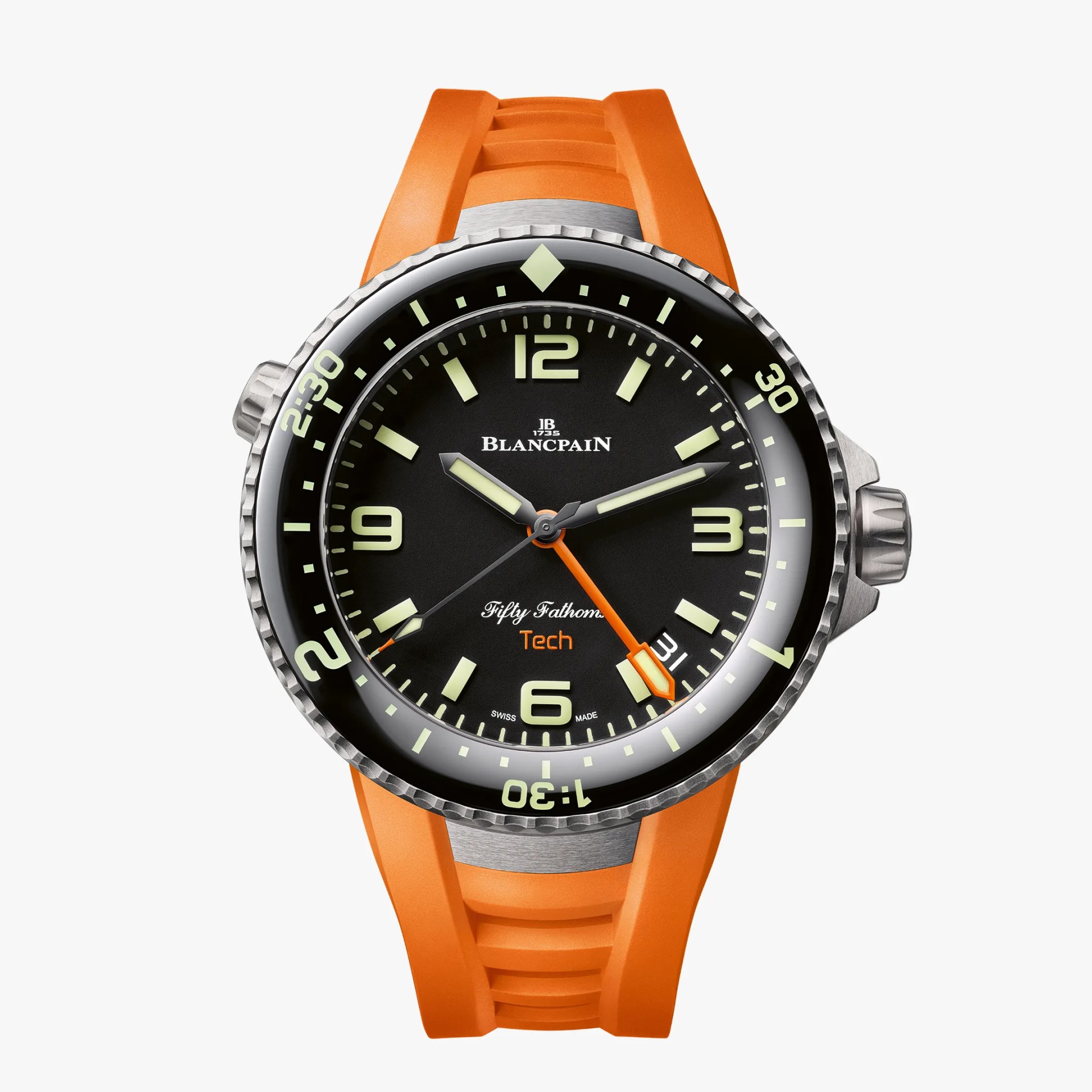 Blancpain Fifty Fathoms Tech dive watch with black dial, luminous markers, orange second hand, and orange rubber strap.