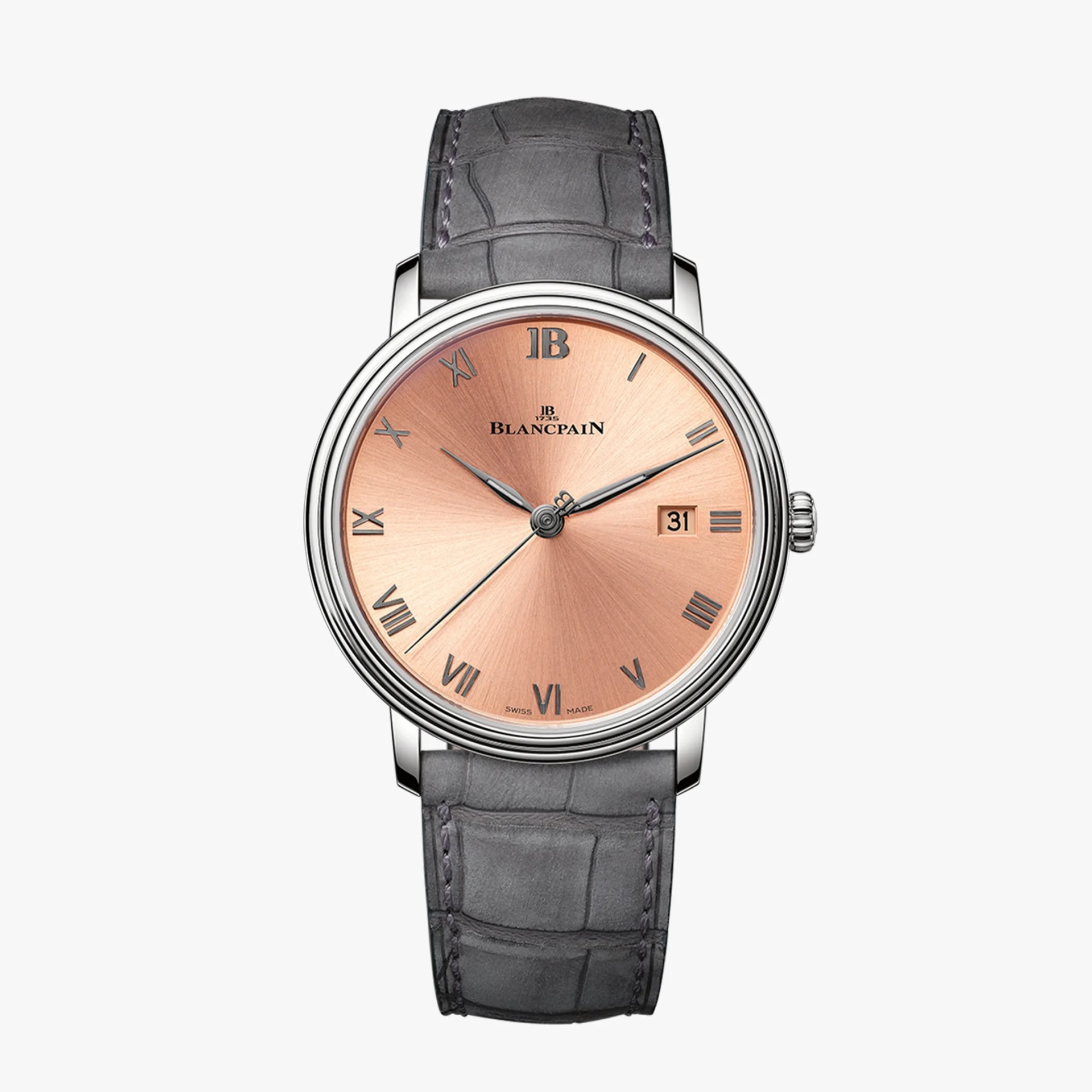 Round silver Blancpain wristwatch with rose gold dial, Roman numerals, date window, and gray alligator leather strap.