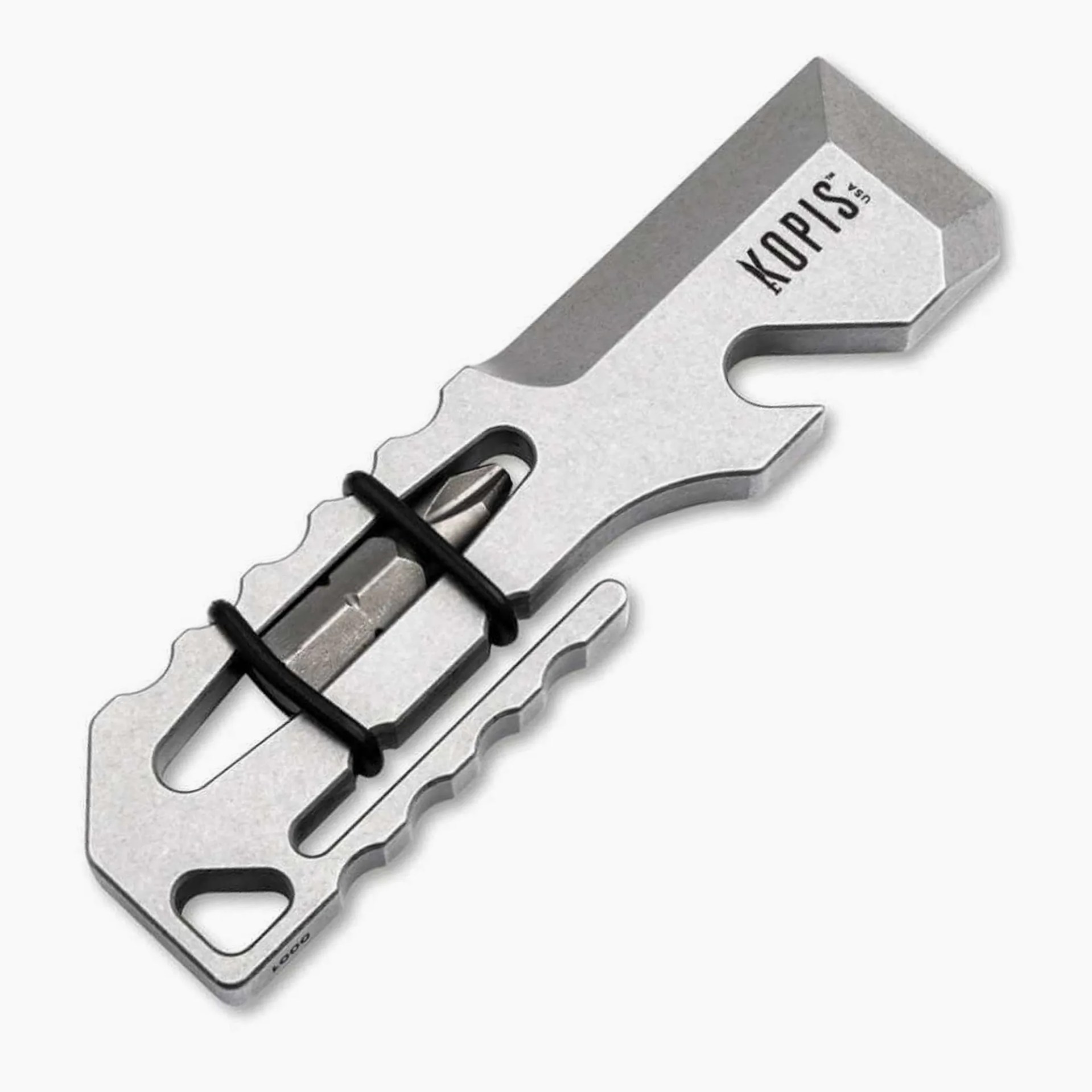 Silver multi-tool with a screwdriver bit secured by black elastic bands, labeled "KOPIS USA.