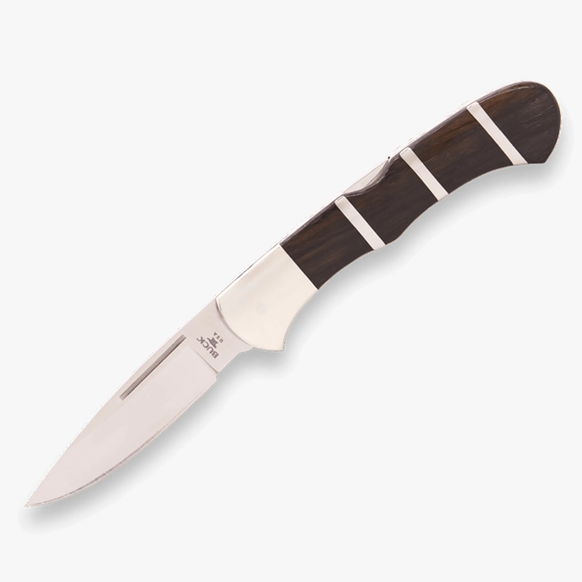 Knife with a polished stainless steel blade and a dark wooden handle with metal spacers.