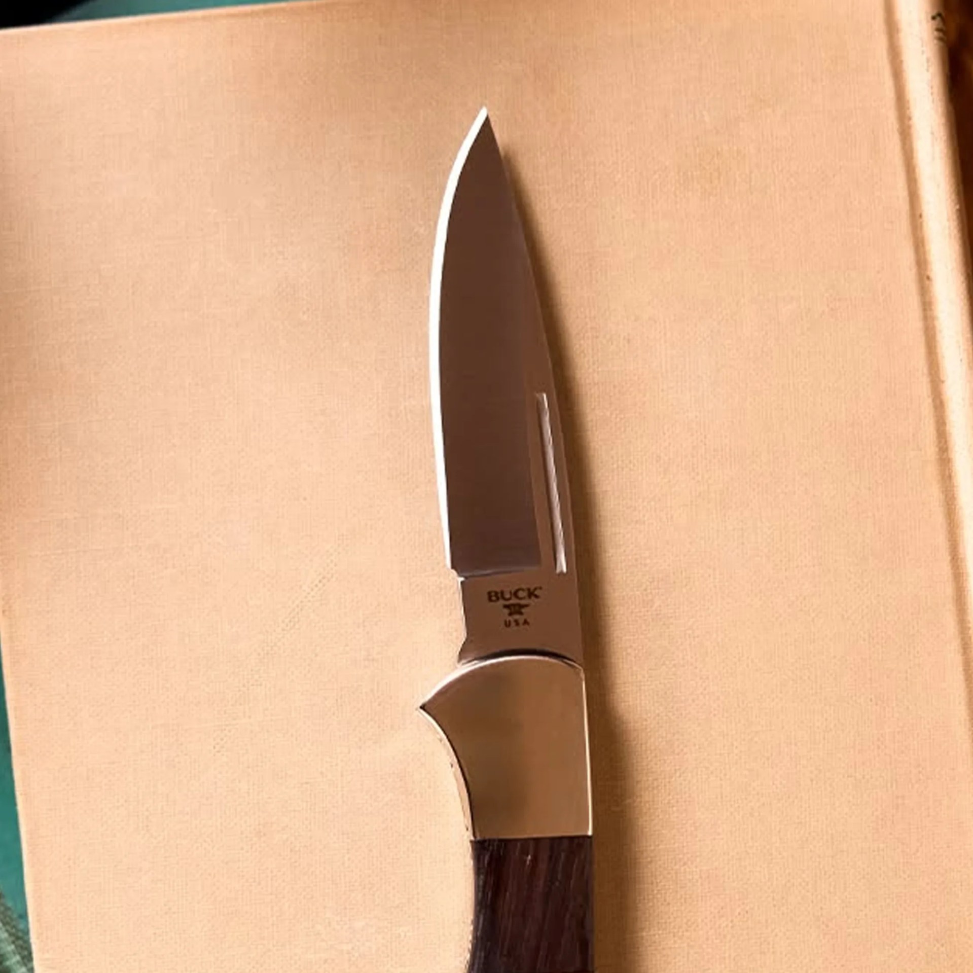 Knife with a polished steel blade and wooden handle on a beige surface.