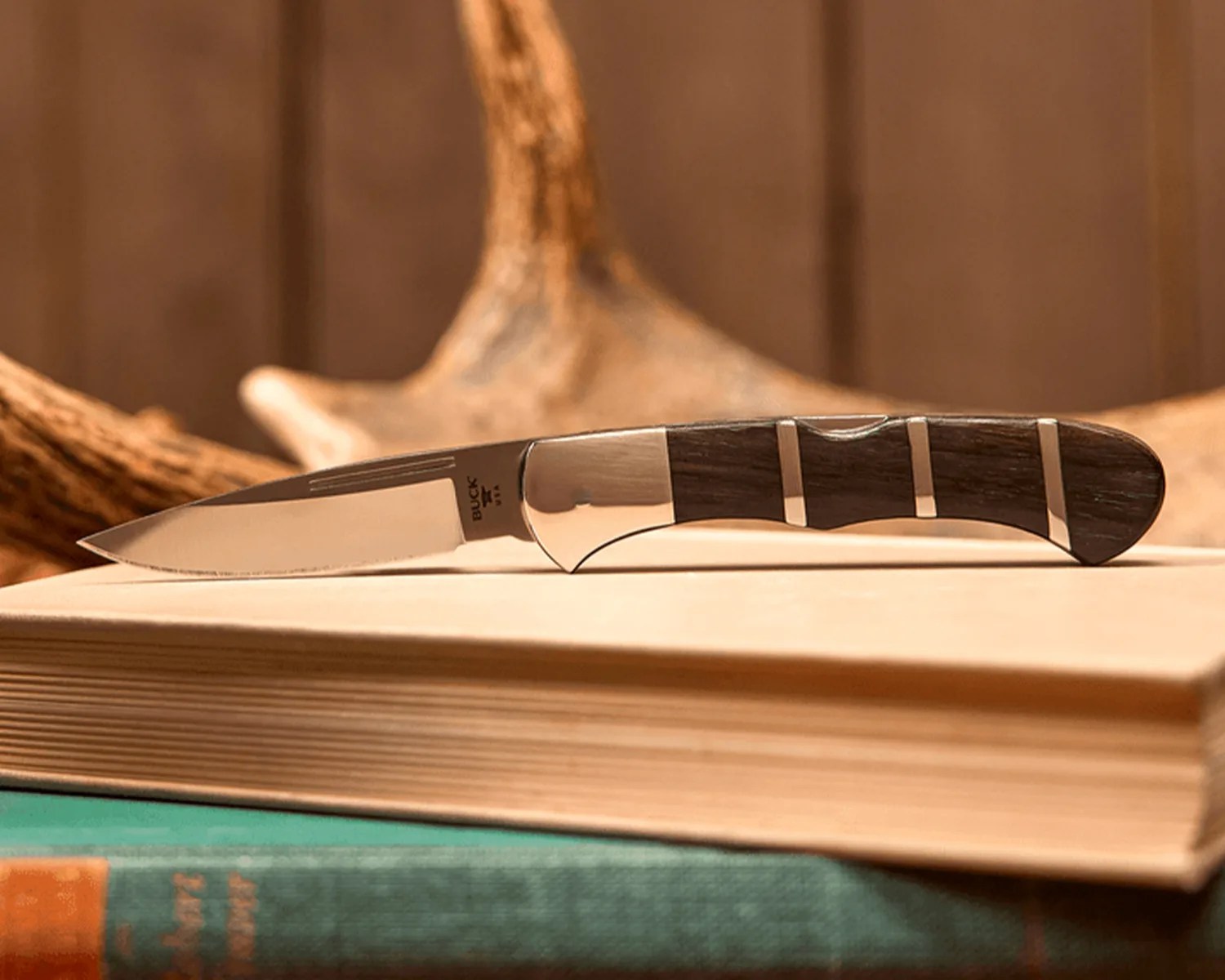 Buck folding knife with polished steel blade and dark wood handle resting on a closed book.