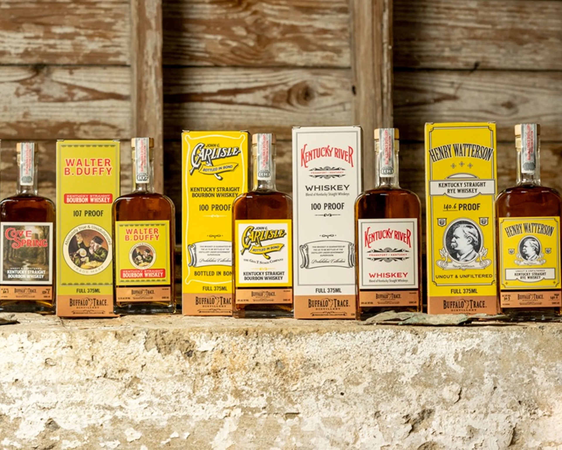 Six bottles of Buffalo Trace Distillery whiskey with matching boxes, including Walter B. Duffy, John C. Carlisle, Kentucky River, and Henry Watterson.