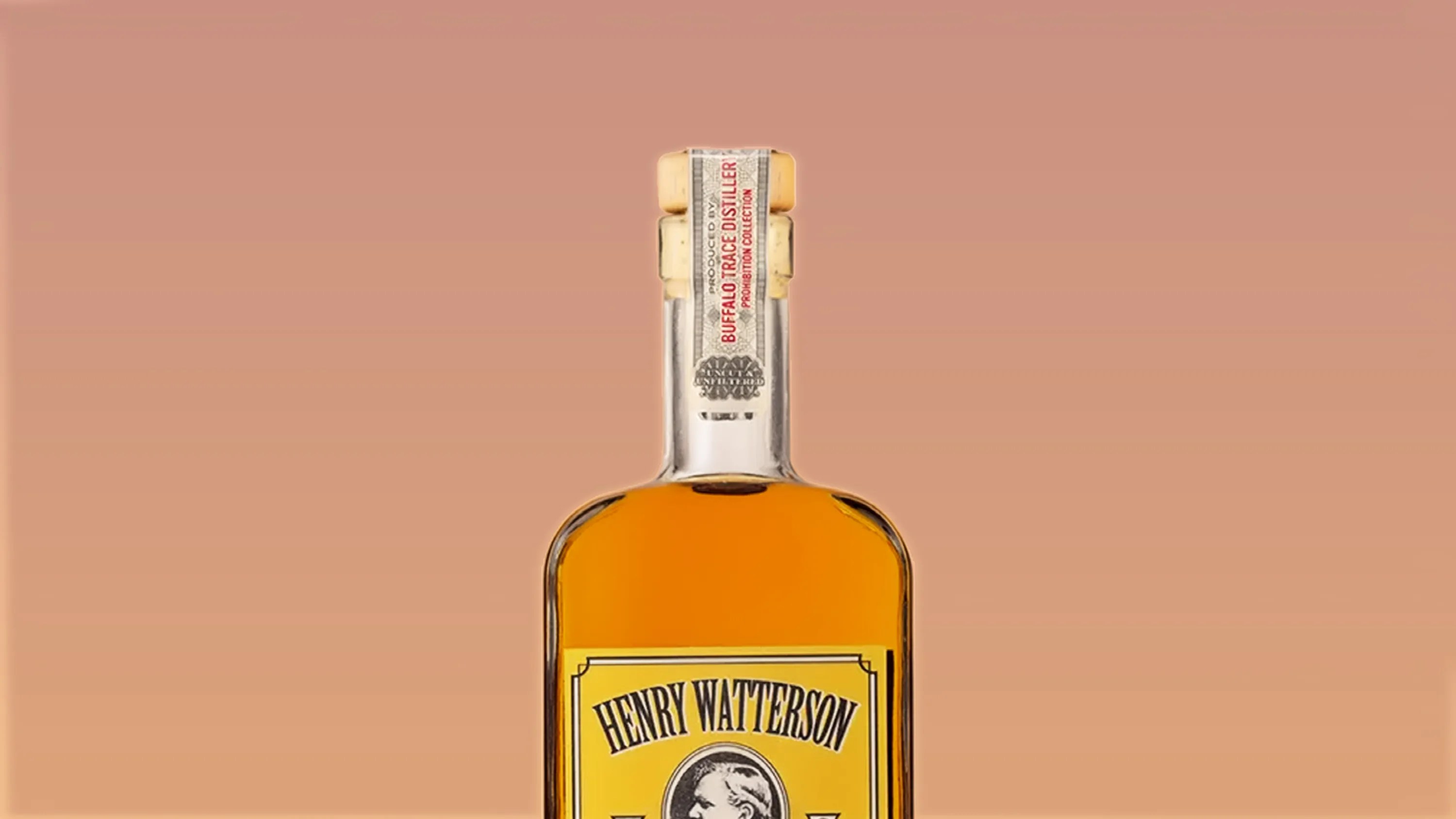 Top portion of a whiskey bottle with a cork stopper and a label reading "Henry Watterson" on a gradient brown background.