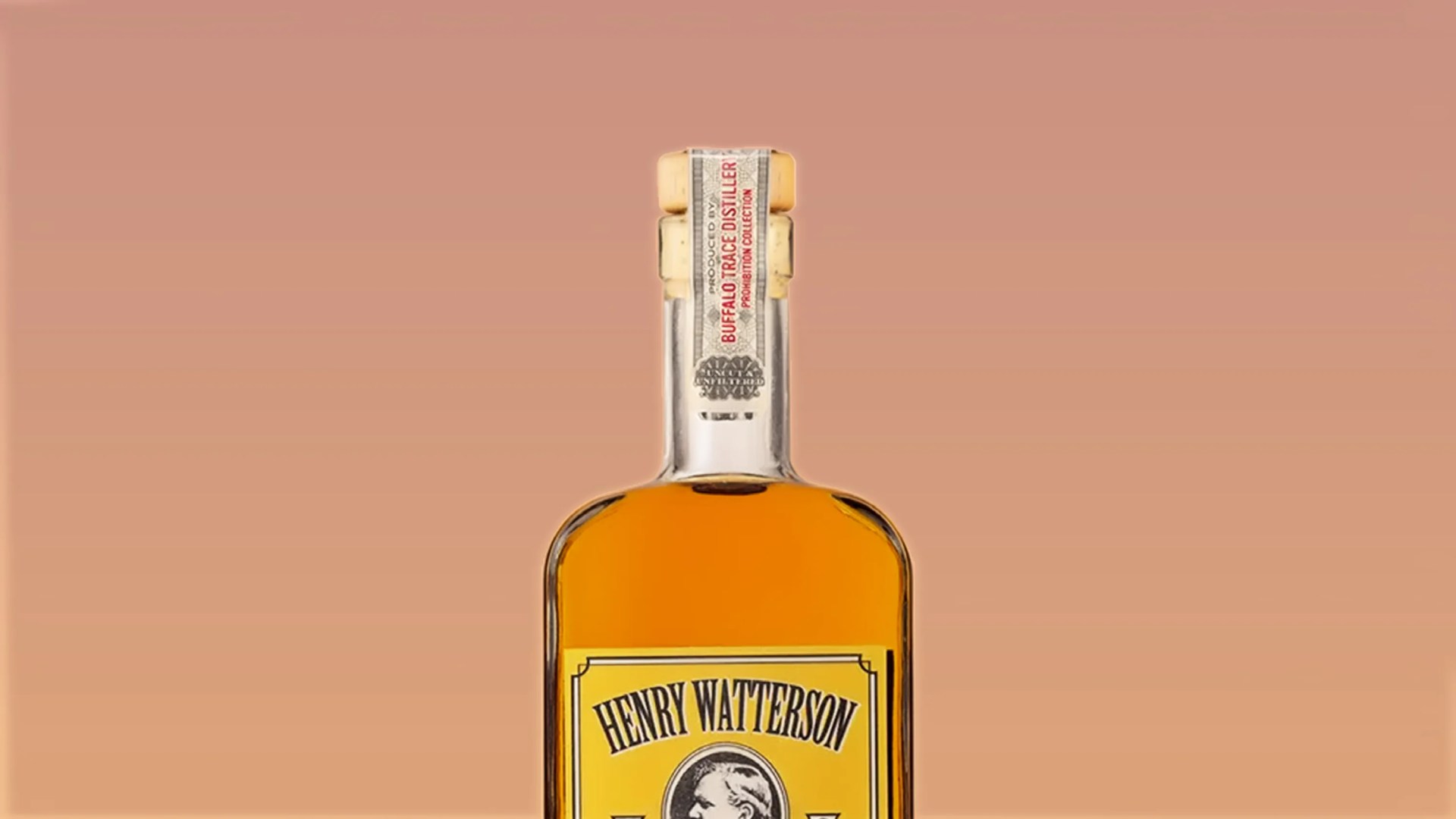 Top portion of a whiskey bottle with a cork stopper and a label reading "Henry Watterson" on a gradient brown background.