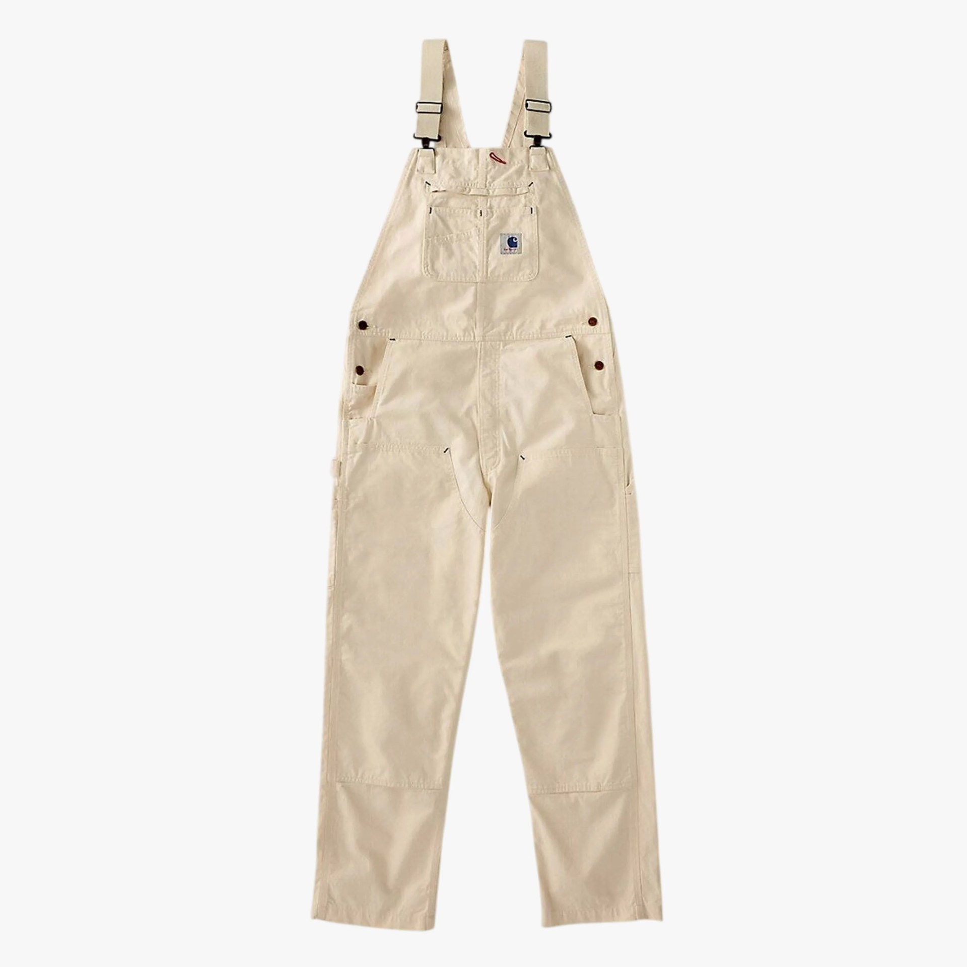 Beige Carhartt workwear overalls with adjustable straps and multiple pockets.