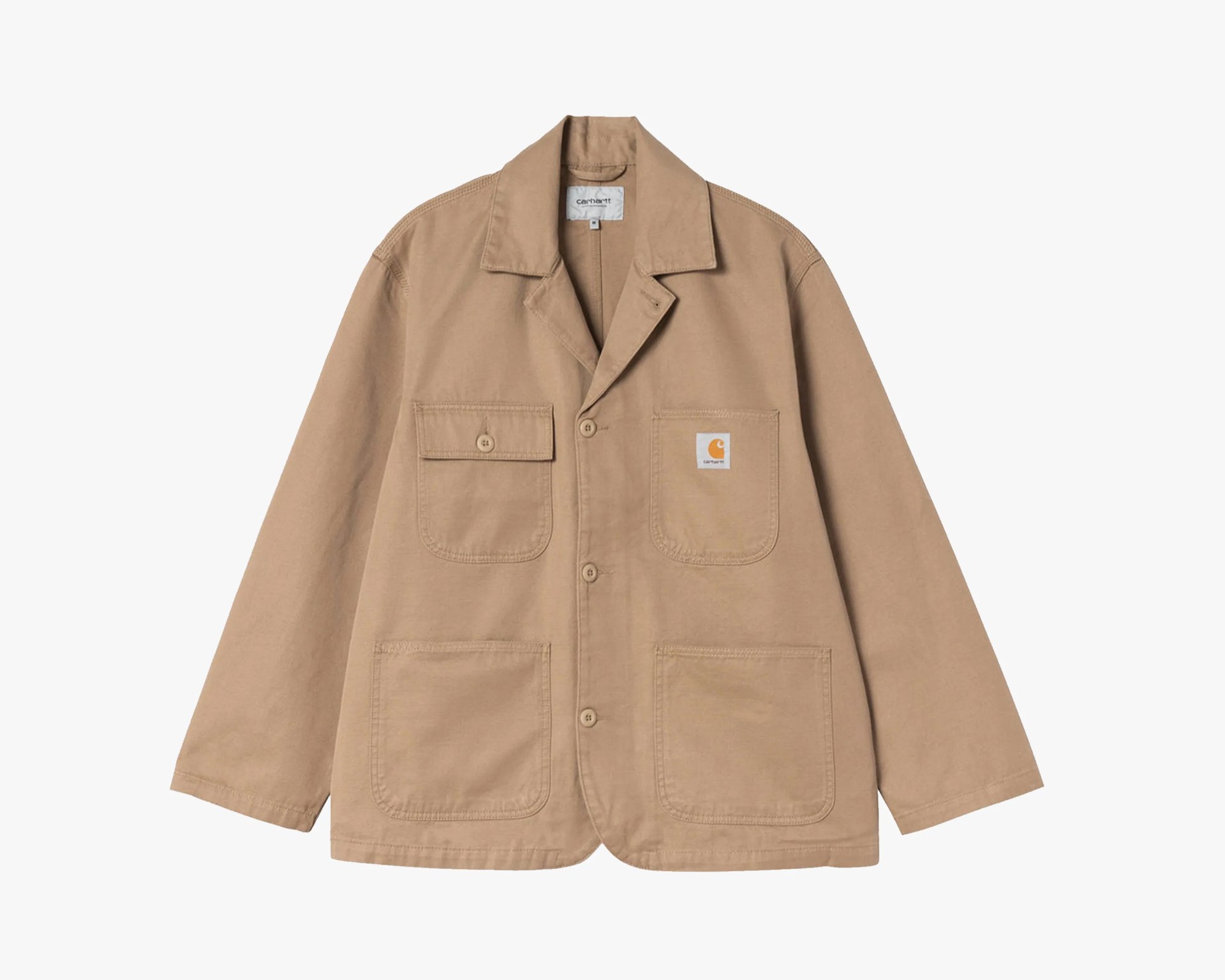 Tan Carhartt chore jacket with button closure and four front pockets, one with logo patch.