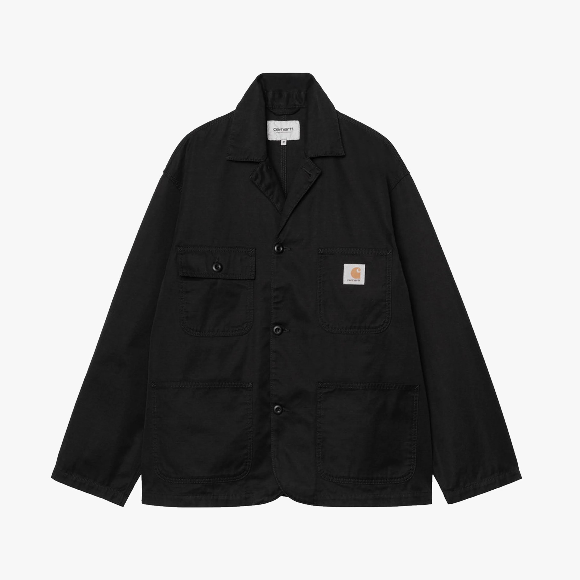 Black Carhartt chore jacket with buttoned flap pocket and logo patch on chest pocket.