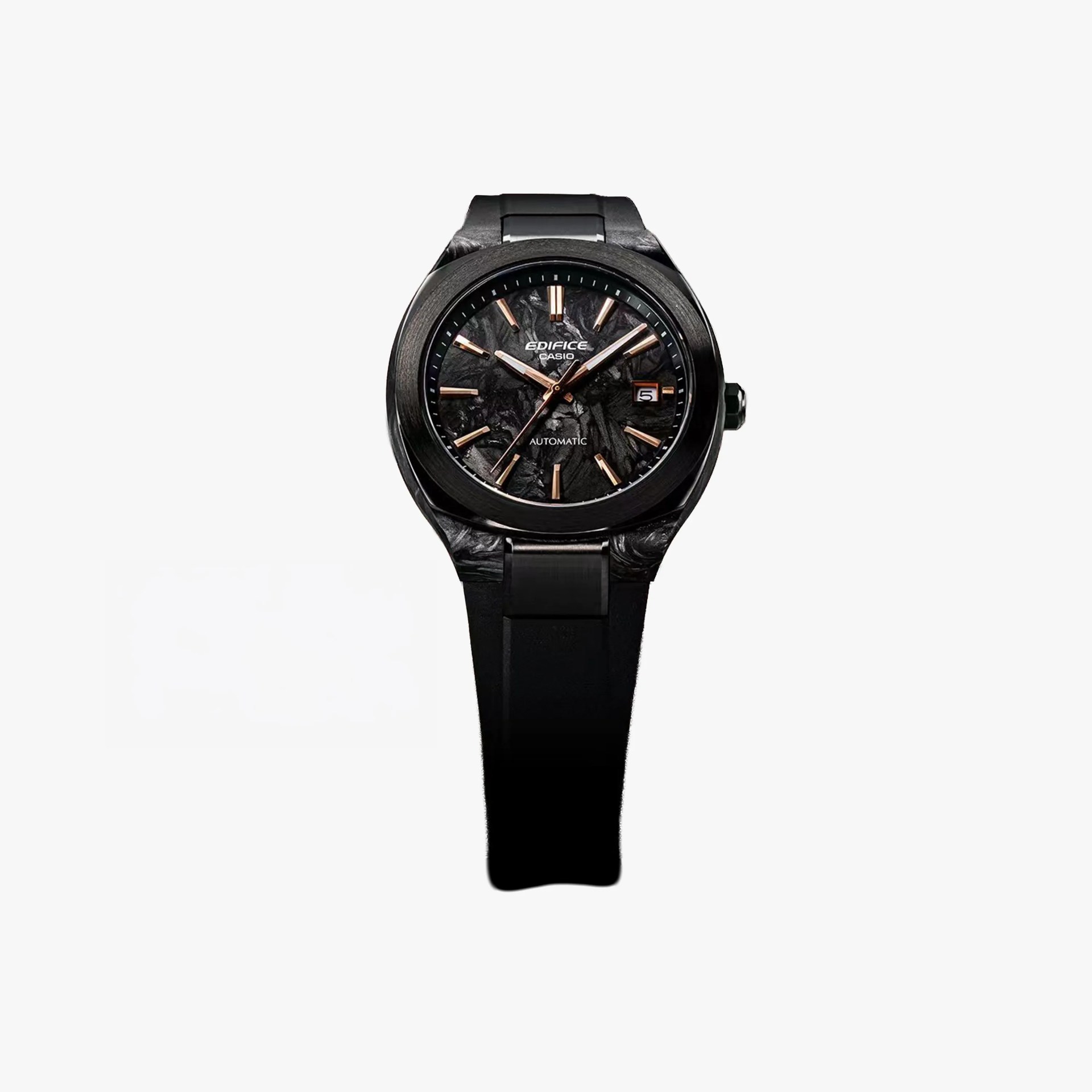 Black Casio Edifice automatic wristwatch with textured dial, rose gold hour markers, and black strap.