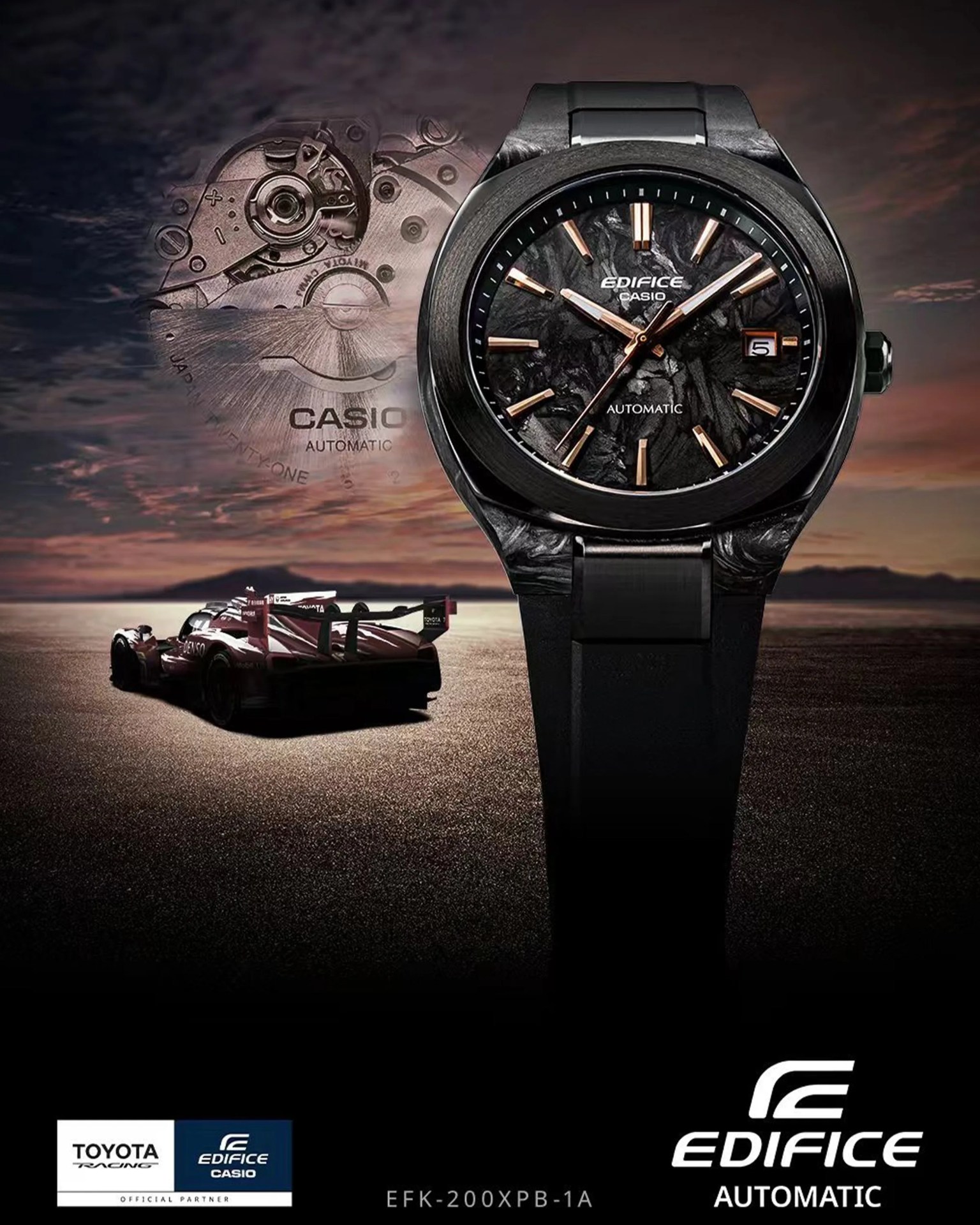 Black Casio Edifice automatic watch with rose gold hour markers and date display, shown with a racing car and watch mechanism background.