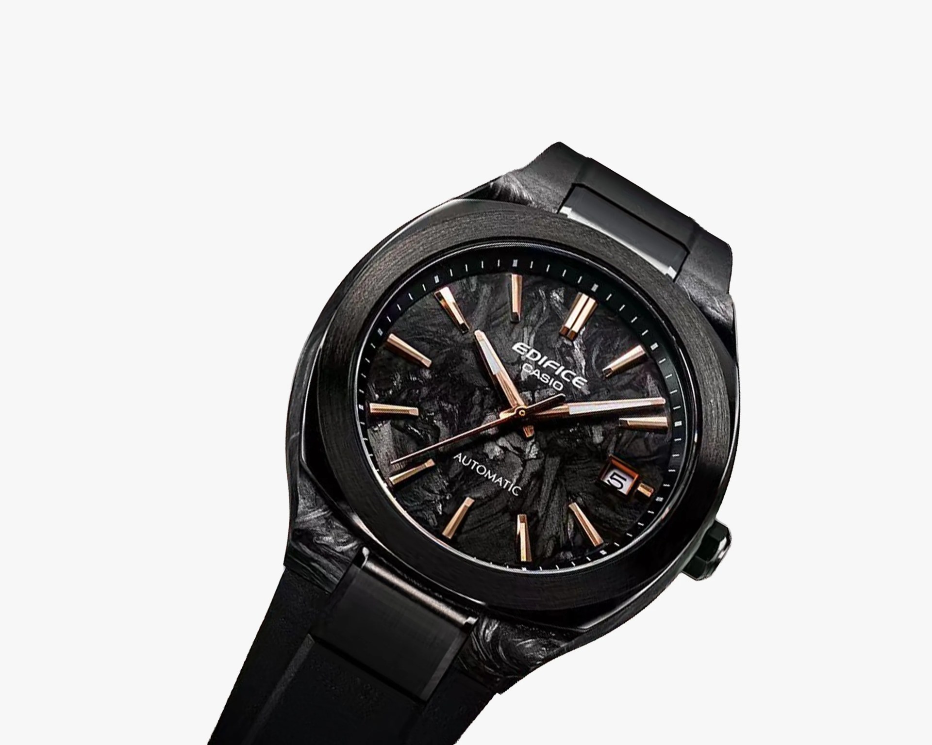 Black Casio Edifice automatic wristwatch with textured dial, rose gold hour markers, and black strap.