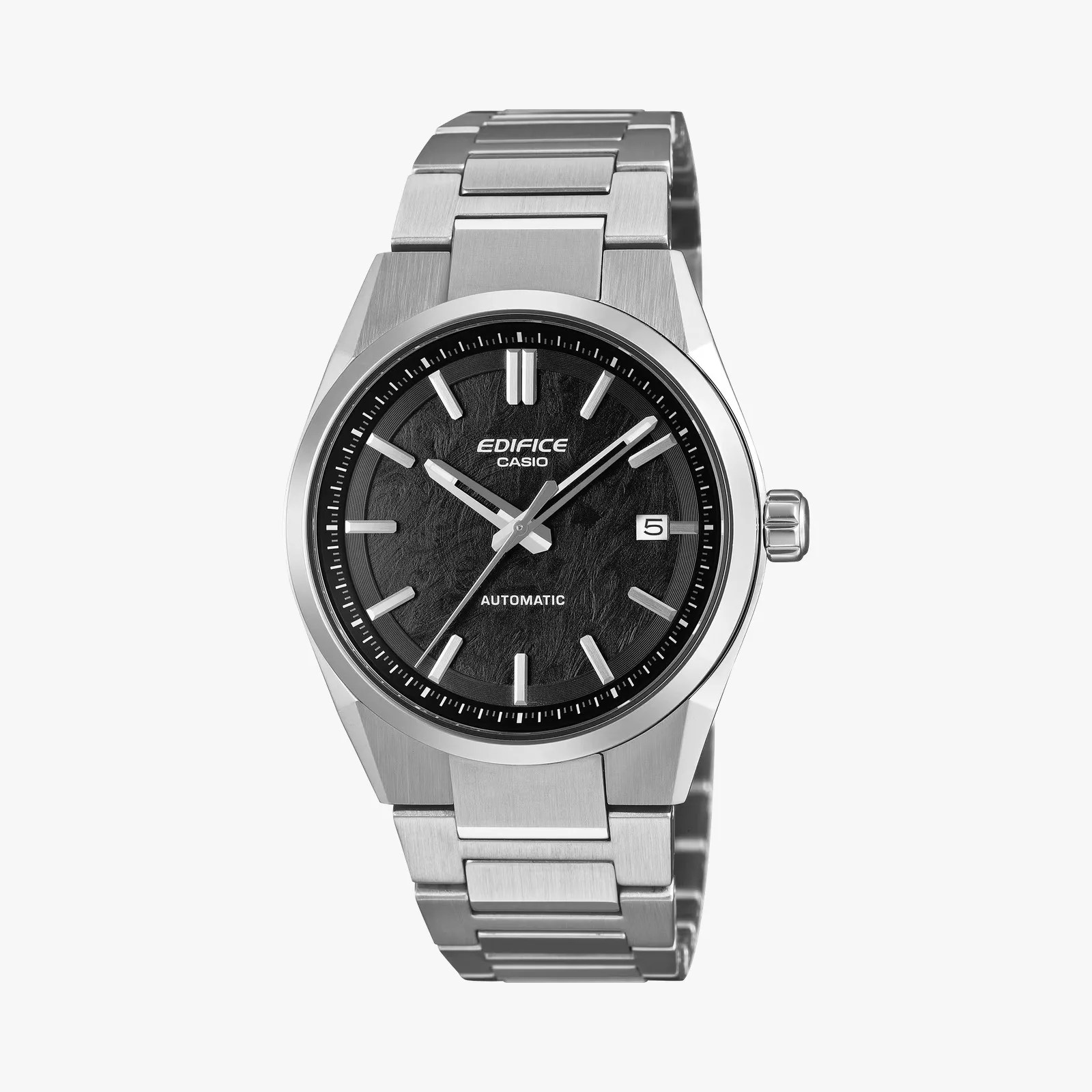 Silver stainless steel Casio Edifice wristwatch with black textured dial and date display at 3 o'clock.
