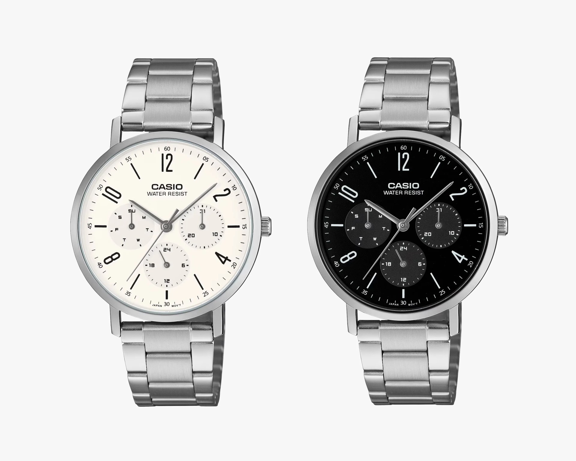 Two Casio wristwatches with stainless steel bands, one with a white dial and one with a black dial, both showing multiple subdials.
