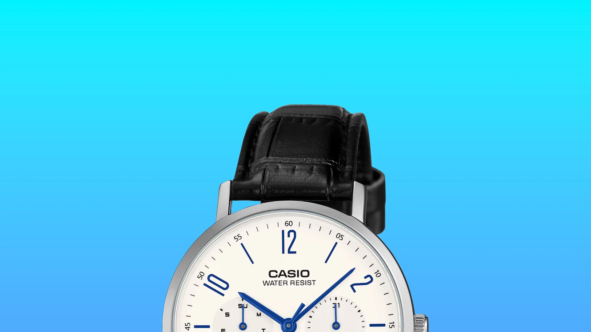 Silver Casio wristwatch with white dial, blue numerals and hands, and black leather strap on blue background.
