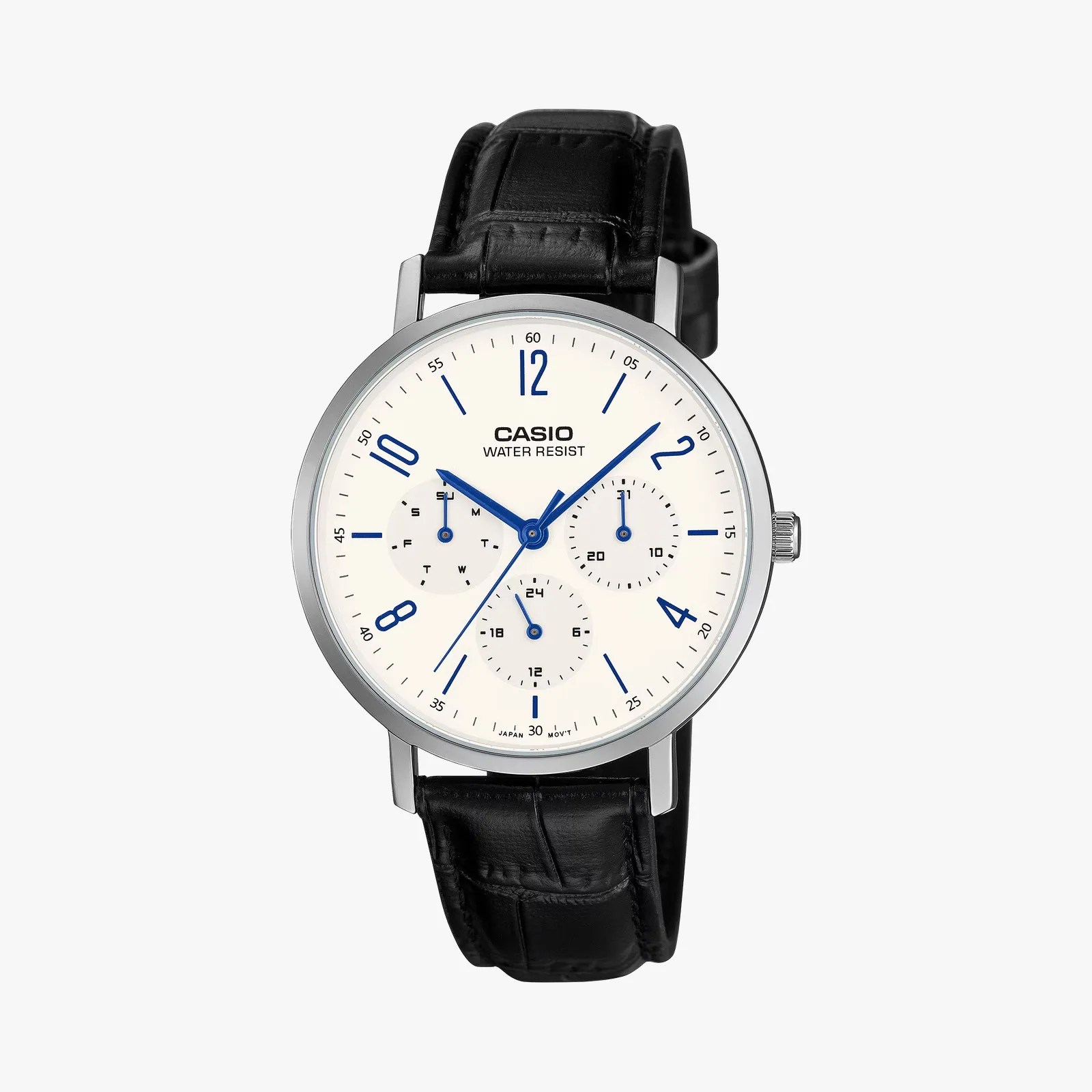Silver Casio wristwatch with white dial, blue numerals and hands, three subdials, and black leather strap.