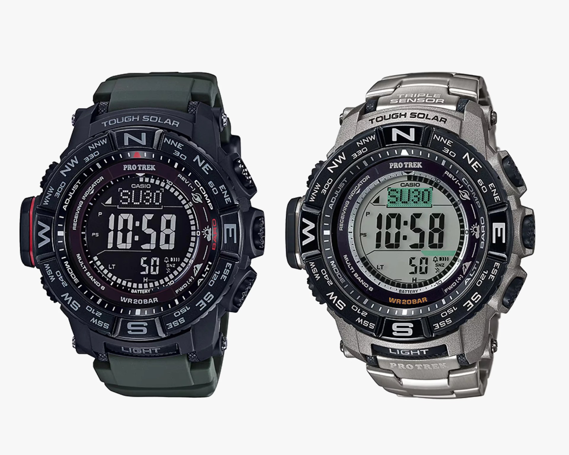Two Casio Pro Trek digital watches side by side, one with a black case and green strap, the other with a silver case and metal bracelet, both showing 10:58.