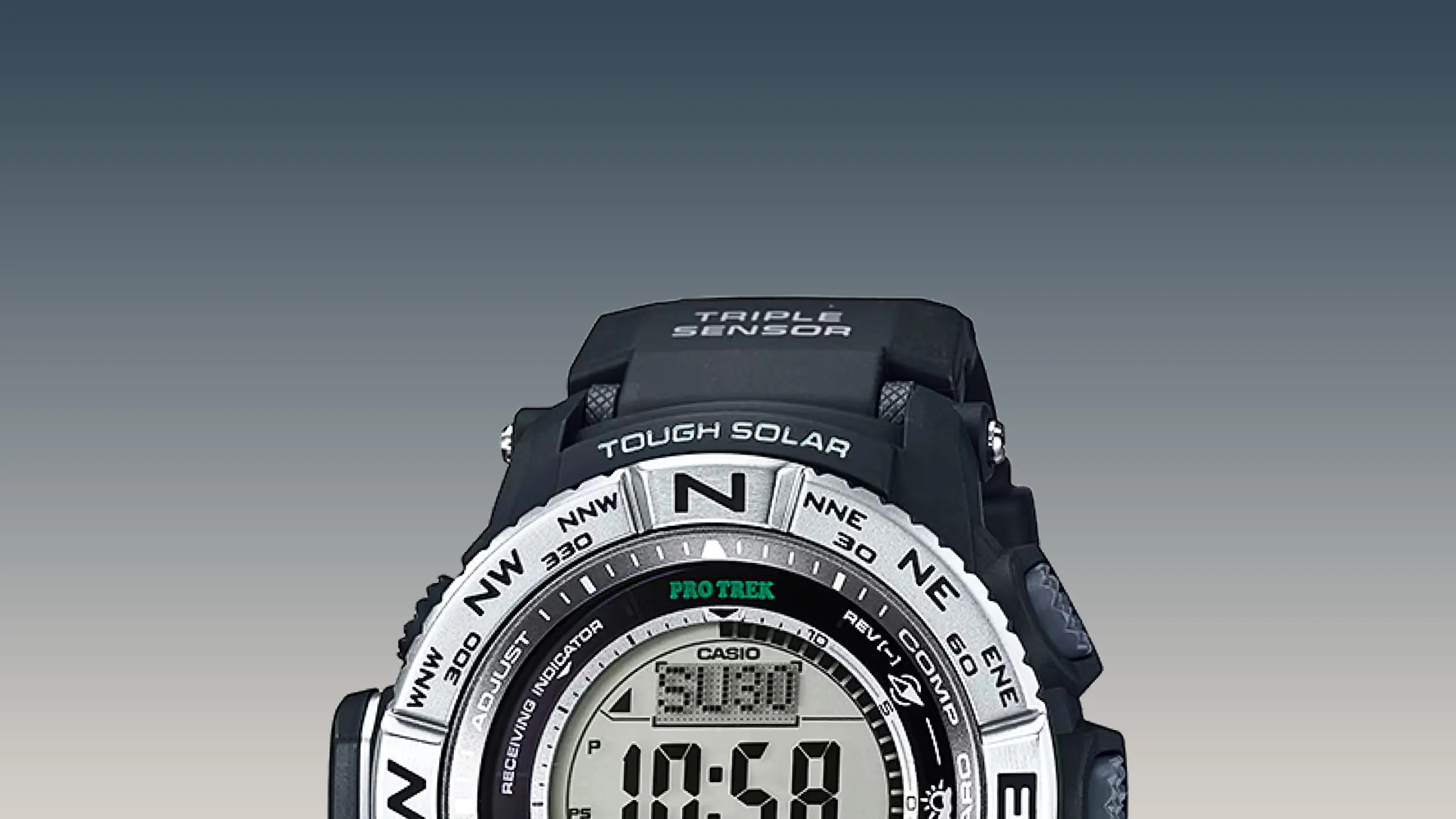 Digital Casio Pro Trek watch with black resin band, silver bezel marked with compass directions, and "Tough Solar" label.