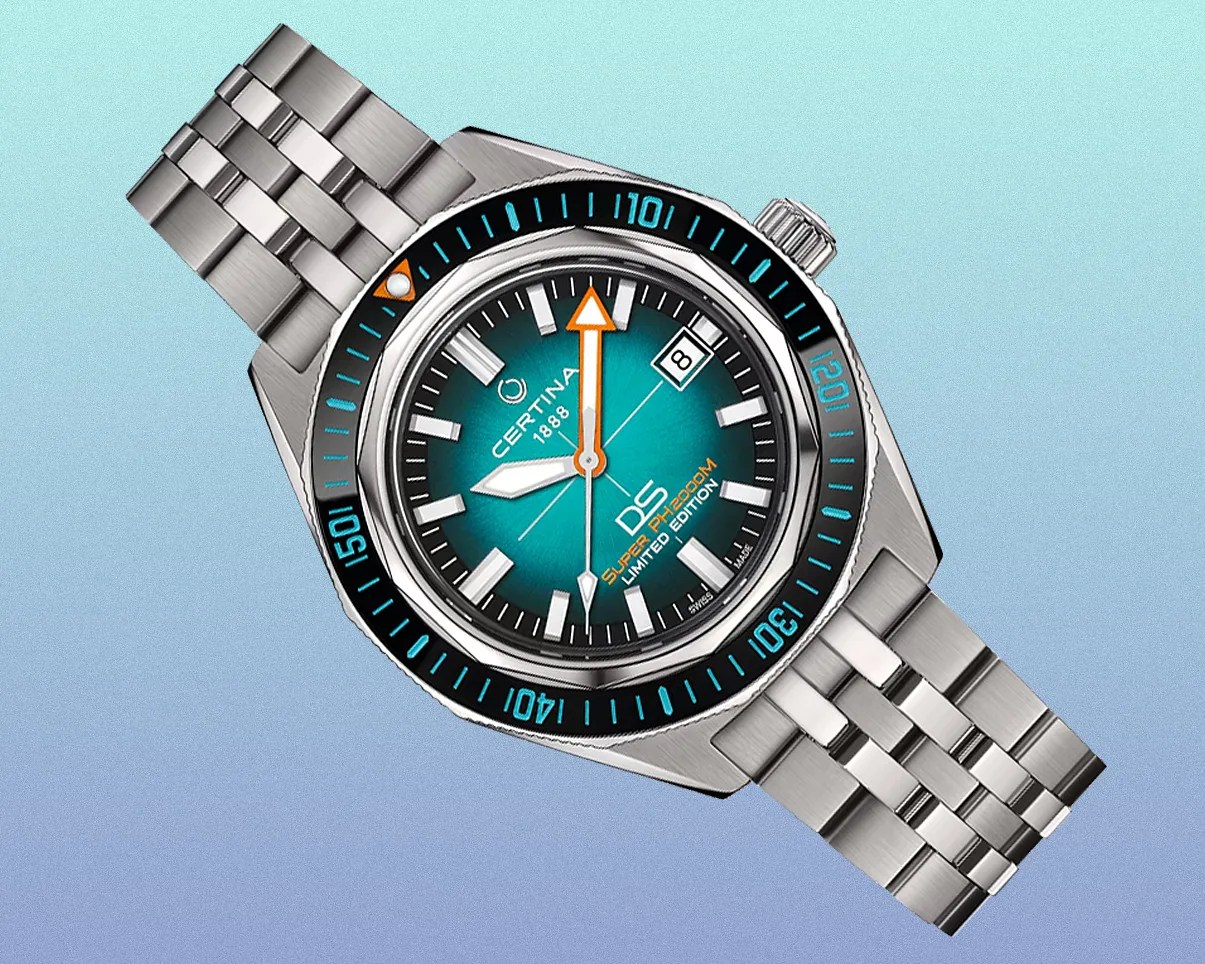 Silver stainless steel Certina DS wristwatch with teal gradient dial, orange and white hands, and date window at 3 o'clock.