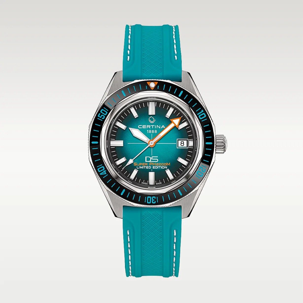 Silver Certina DS Super PH2000M watch with teal gradient dial, orange second hand, black bezel, and teal rubber strap.