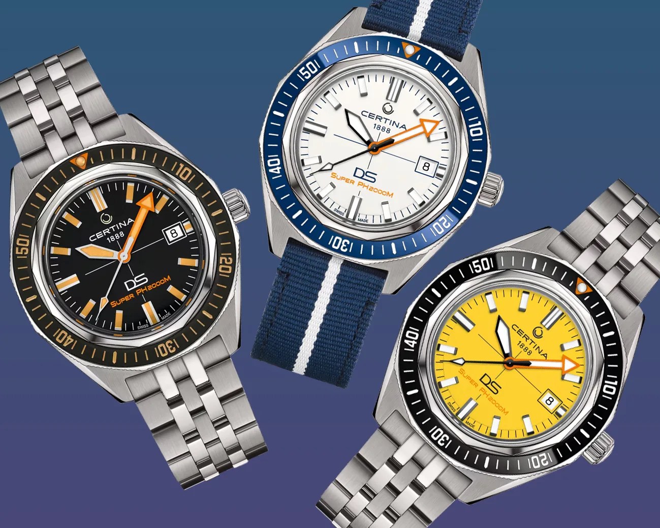 Three Certina DS Super PH2000M watches with black, white, and yellow dials, stainless steel cases, and metal or fabric straps.