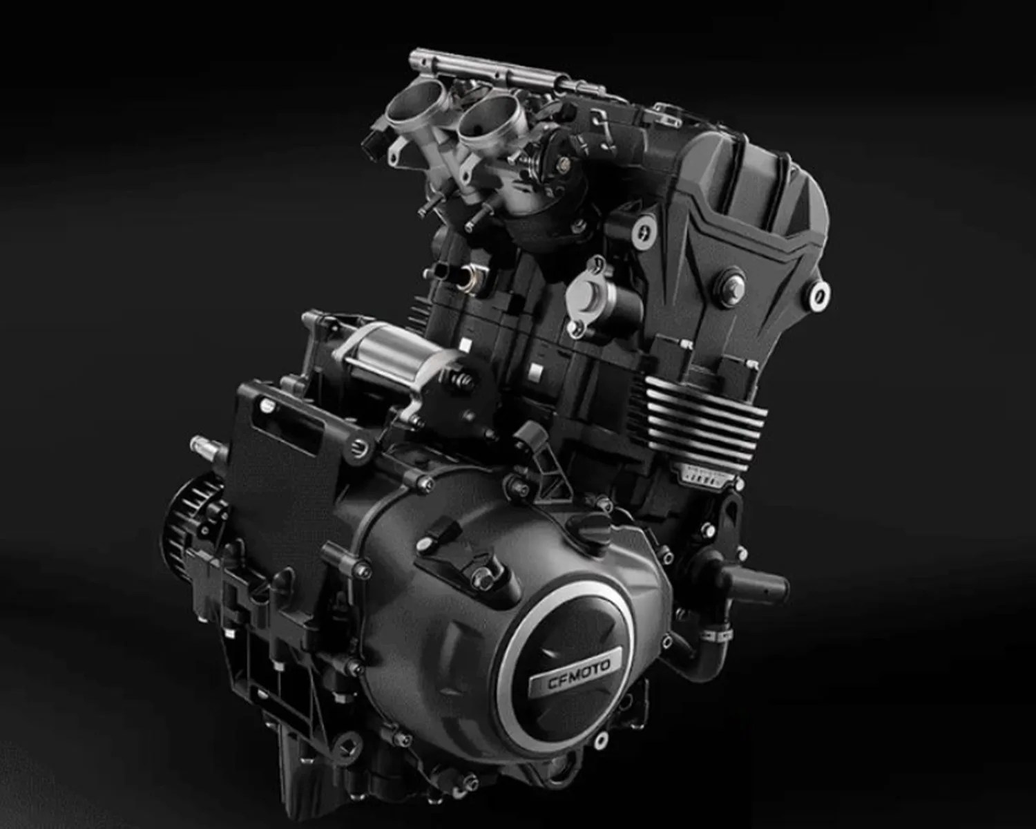 Black and silver CFMOTO motorcycle engine against a dark background.