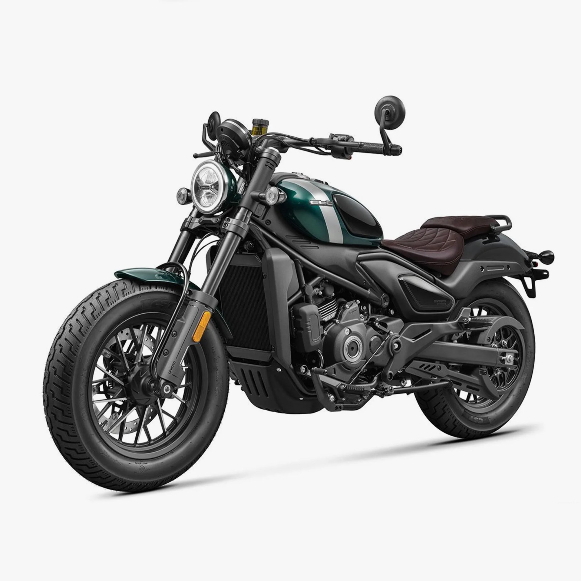Green and black motorcycle with a silver stripe on the fuel tank and a brown leather seat.